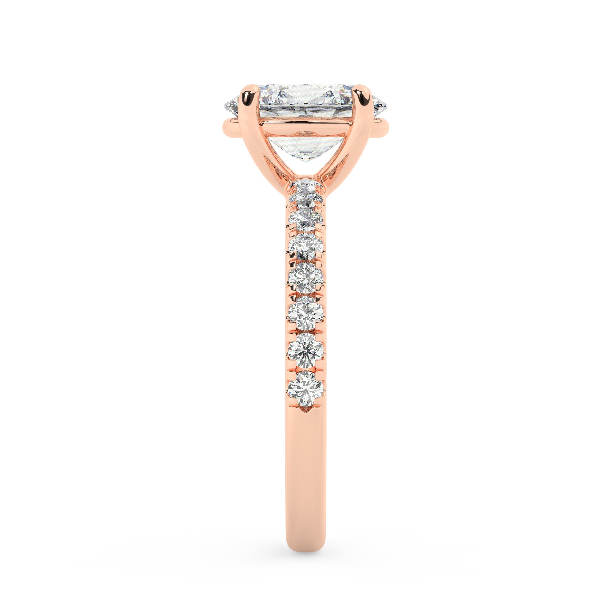 טבעת אירוסין סוליטר וזירקונים בצדדים דגם 50037 זהב אדום רוזגולד 14 קראט במרכז זירקוניה 2 קראט בחיתוך אובל מסביב ובצדדים זירקונים בחיתוך עגול – תמונה 4