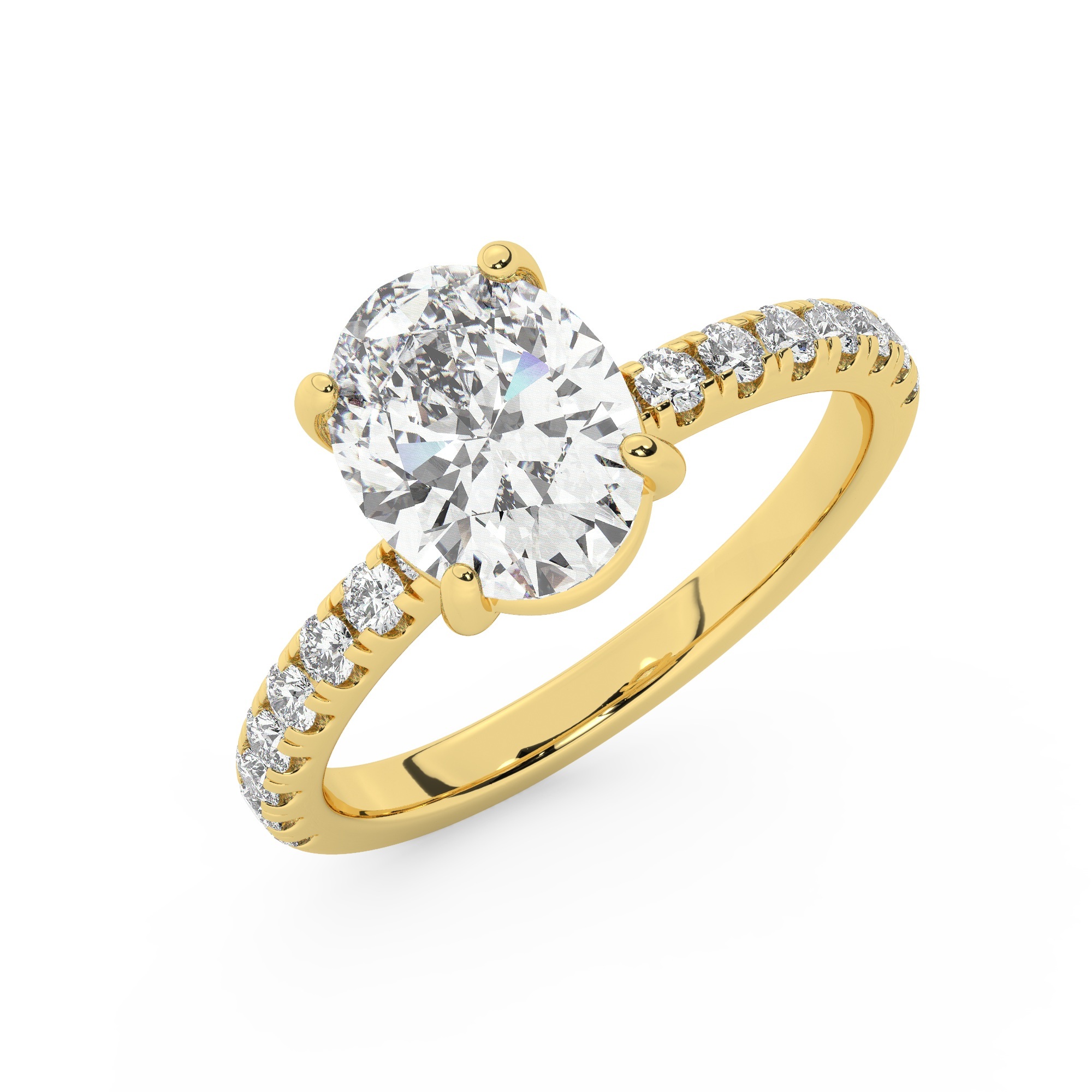 טבעת אירוסין סוליטר וזירקונים בצדדים דגם 50037 זהב צהוב 14 קראט במרכז זירקוניה 2 קראט בחיתוך אובל מסביב ובצדדים זירקונים בחיתוך עגול