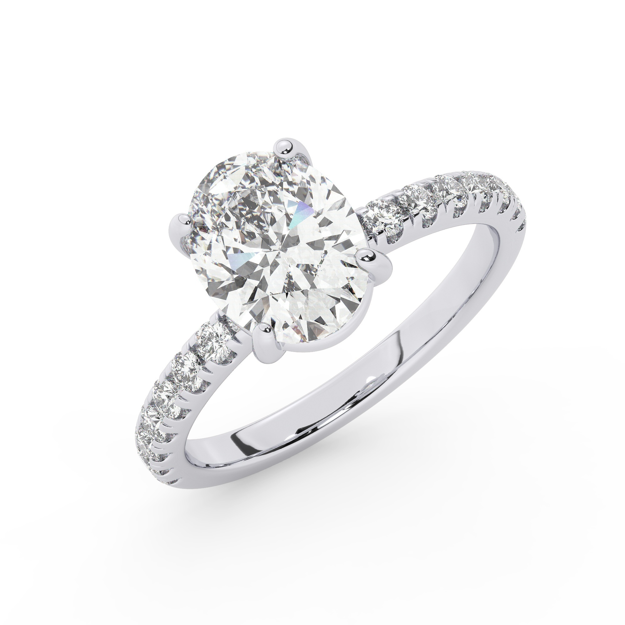 טבעת אירוסין סוליטר וזירקונים בצדדים דגם 50037 זהב לבן 14 קראט במרכז זירקוניה 2 קראט בחיתוך אובל מסביב ובצדדים זירקונים בחיתוך עגול