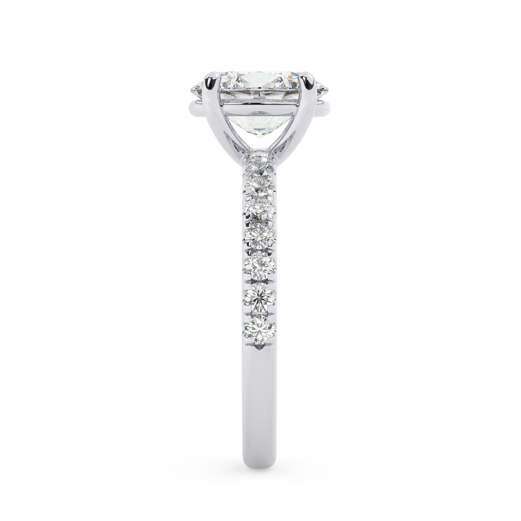 טבעת אירוסין סוליטר וזירקונים בצדדים דגם 50037 זהב לבן 14 קראט במרכז זירקוניה 2.50 קראט בחיתוך אובל מסביב ובצדדים זירקונים בחיתוך עגול – תמונה 4