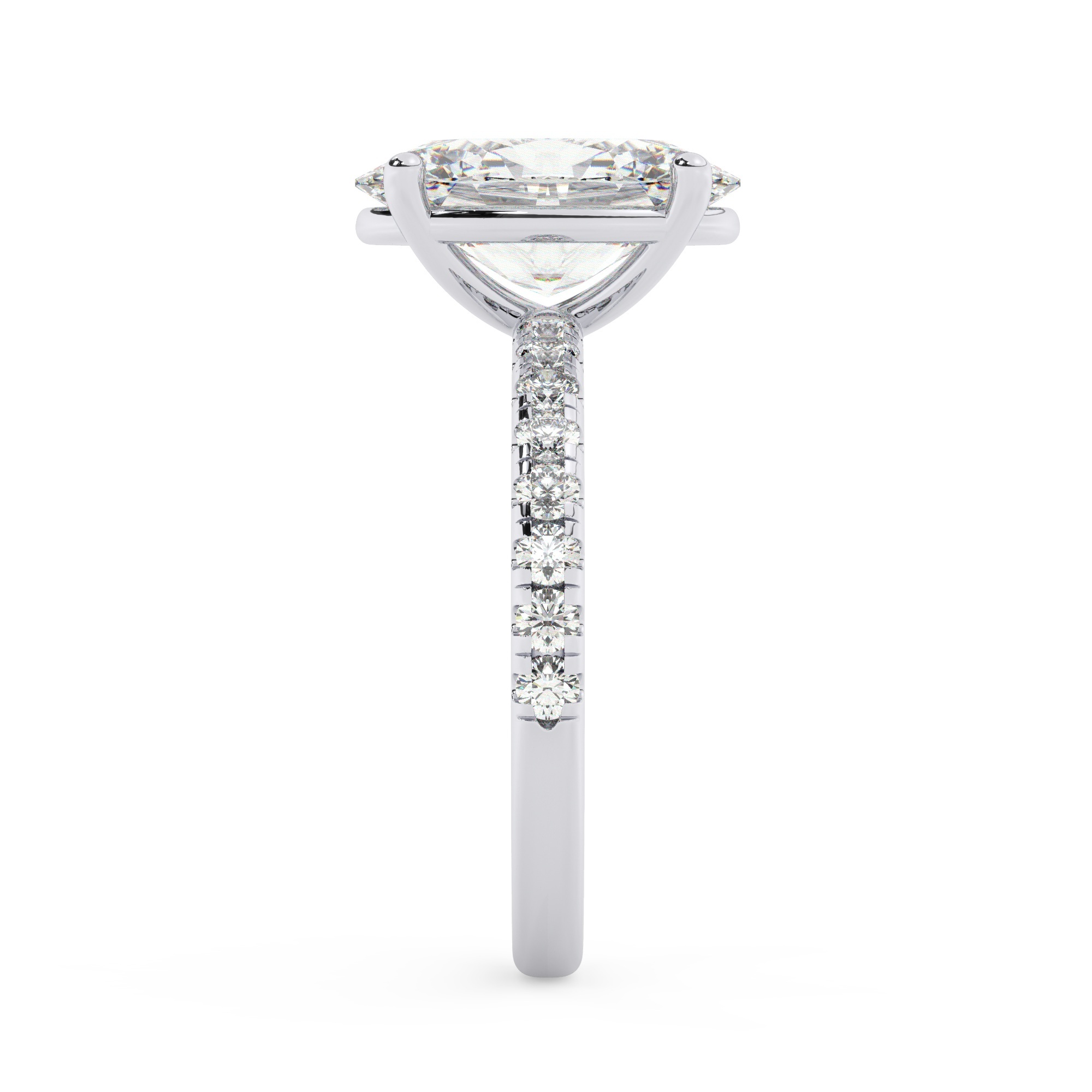 טבעת אירוסין סוליטר וזירקונים בצדדים דגם 50037 זהב לבן 14 קראט במרכז זירקוניה 3 קראט בחיתוך אובל מסביב ובצדדים זירקונים בחיתוך עגול – תמונה 4