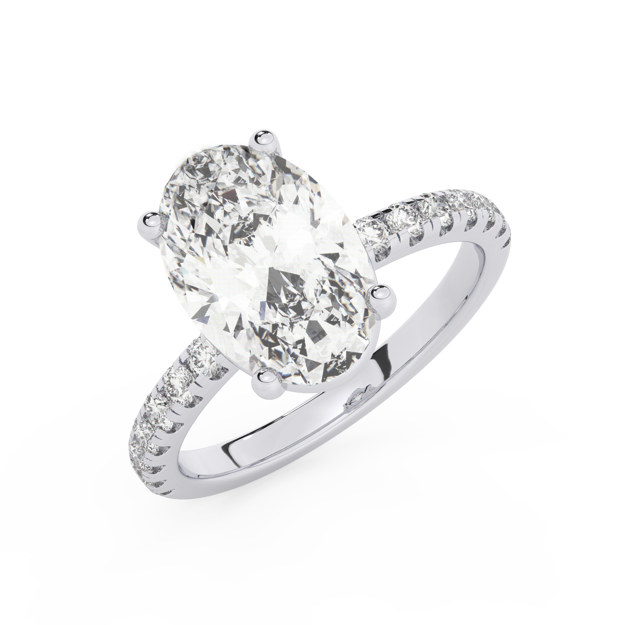 טבעת אירוסין סוליטר וזירקונים בצדדים דגם 50037 זהב לבן 14 קראט במרכז זירקוניה 4 קראט בחיתוך אובל מסביב ובצדדים זירקונים בחיתוך עגול