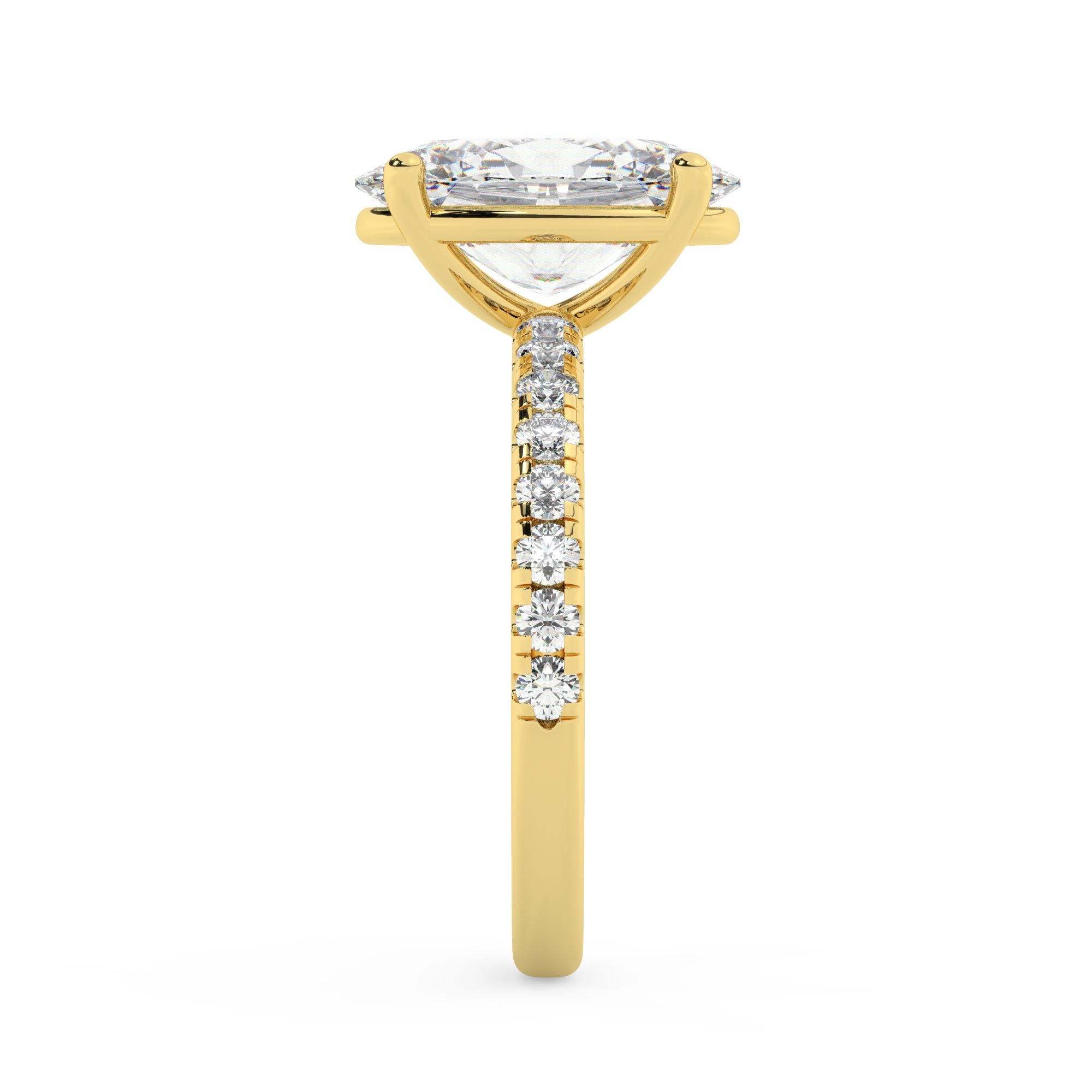 טבעת אירוסין סוליטר וזירקונים בצדדים דגם 50037 זהב צהוב 14 קראט במרכז זירקוניה 5 קראט בחיתוך אובל מסביב ובצדדים זירקונים בחיתוך עגול – תמונה 4