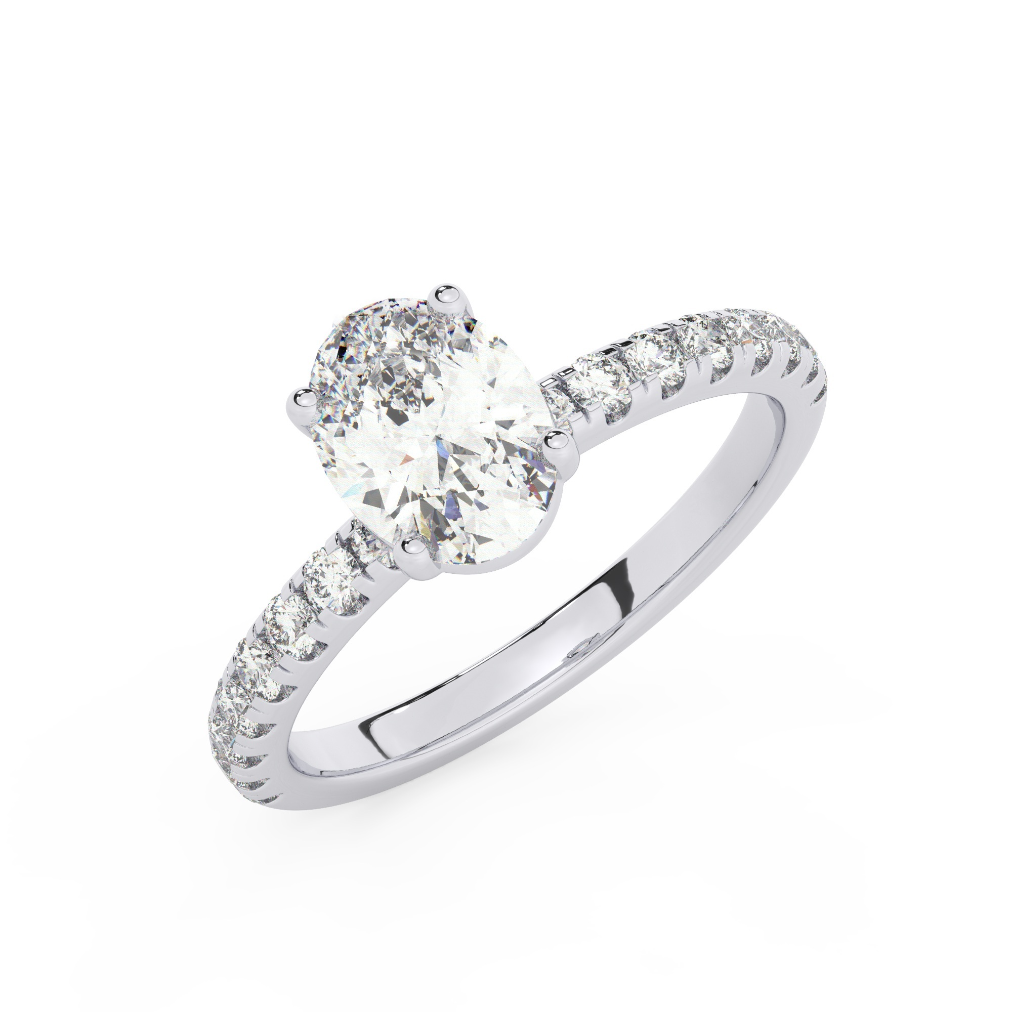 טבעת אירוסין סוליטר וזירקונים בצדדים דגם 50037 זהב לבן 14 קראט במרכז זירקוניה 0.50 קראט בחיתוך אובל מסביב ובצדדים זירקונים בחיתוך עגול