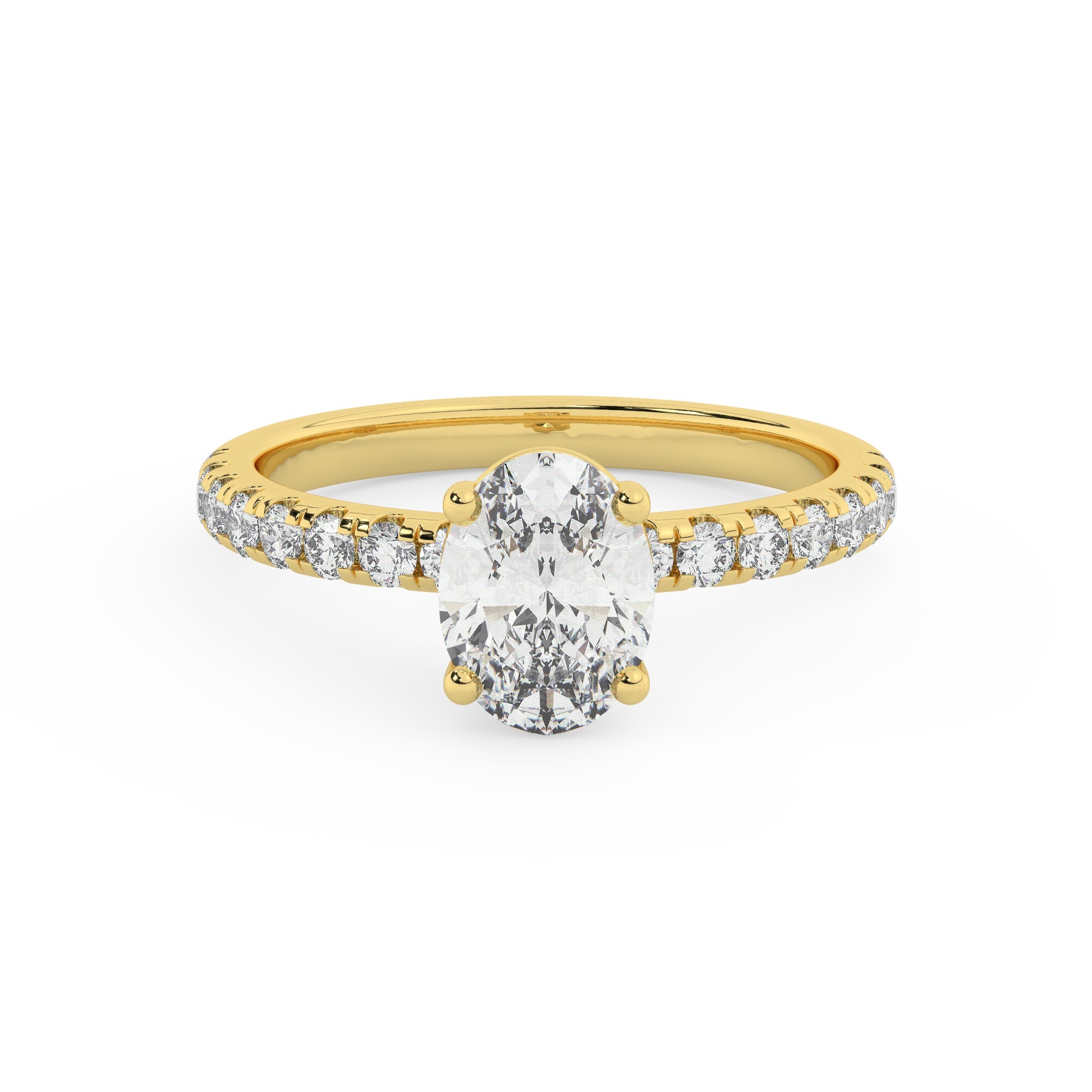 טבעת אירוסין סוליטר וזירקונים בצדדים דגם 50037 זהב צהוב 14 קראט במרכז זירקוניה 0.75 קראט בחיתוך אובל מסביב ובצדדים זירקונים בחיתוך עגול – תמונה 2