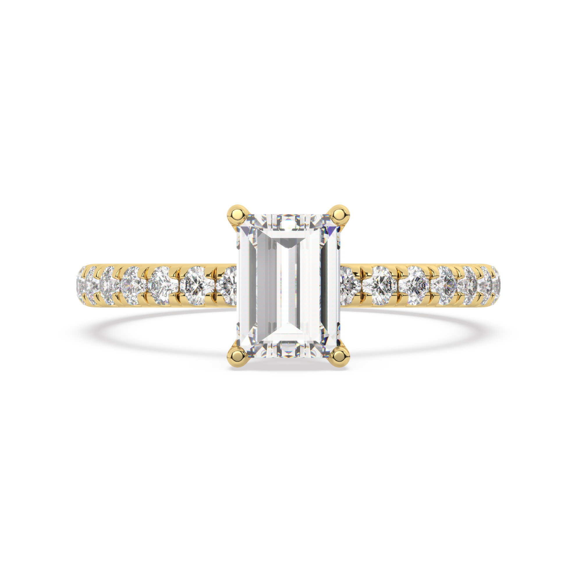 טבעת אירוסין סוליטר וזירקונים בצדדים דגם 50037 זהב צהוב 14 קראט במרכז זירקוניה 1.50 קראט בחיתוך אמרלד מסביב ובצדדים זירקונים בחיתוך עגול – תמונה 2