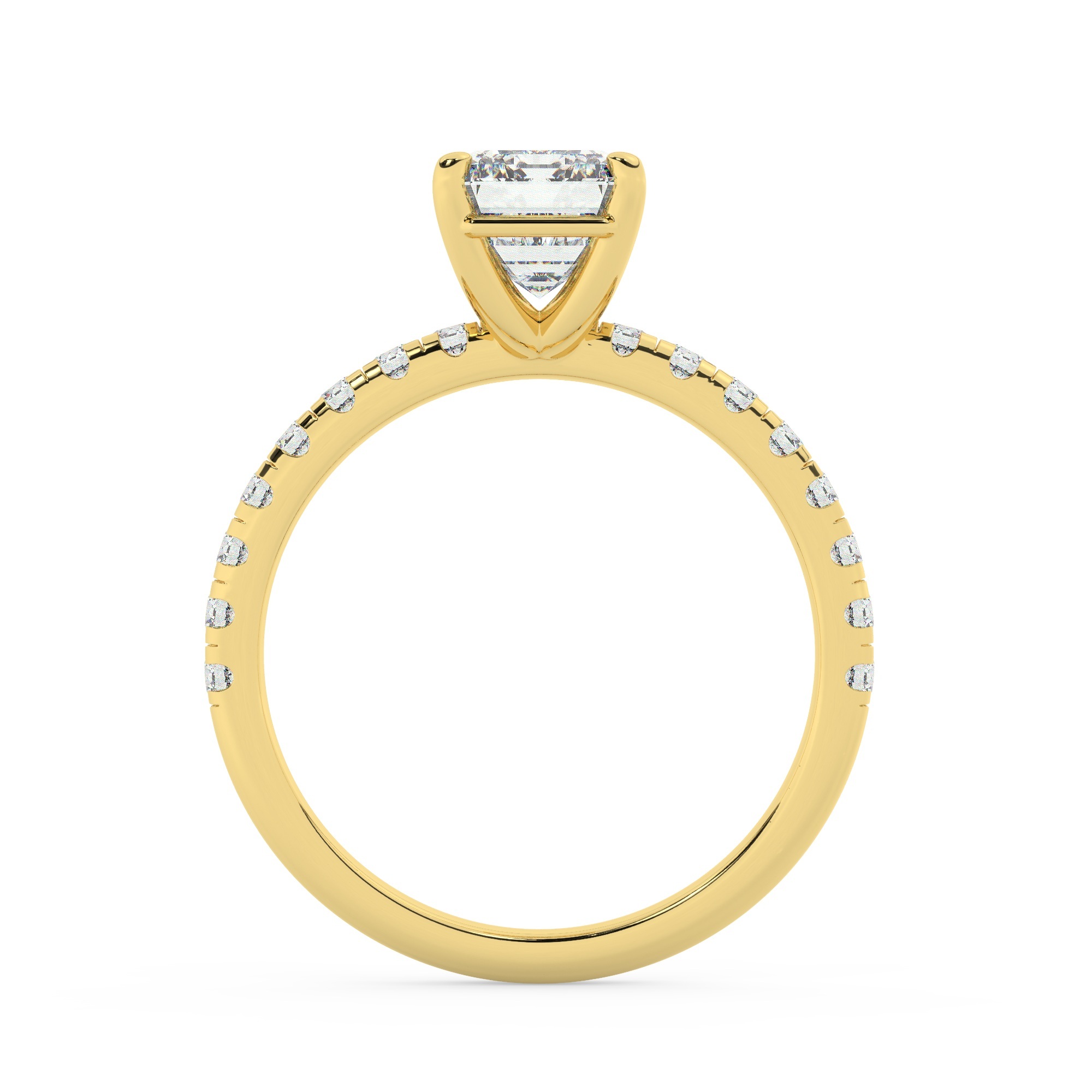 טבעת אירוסין סוליטר וזירקונים בצדדים דגם 50037 זהב צהוב 14 קראט במרכז זירקוניה 2 קראט בחיתוך אמרלד מסביב ובצדדים זירקונים בחיתוך עגול – תמונה 3