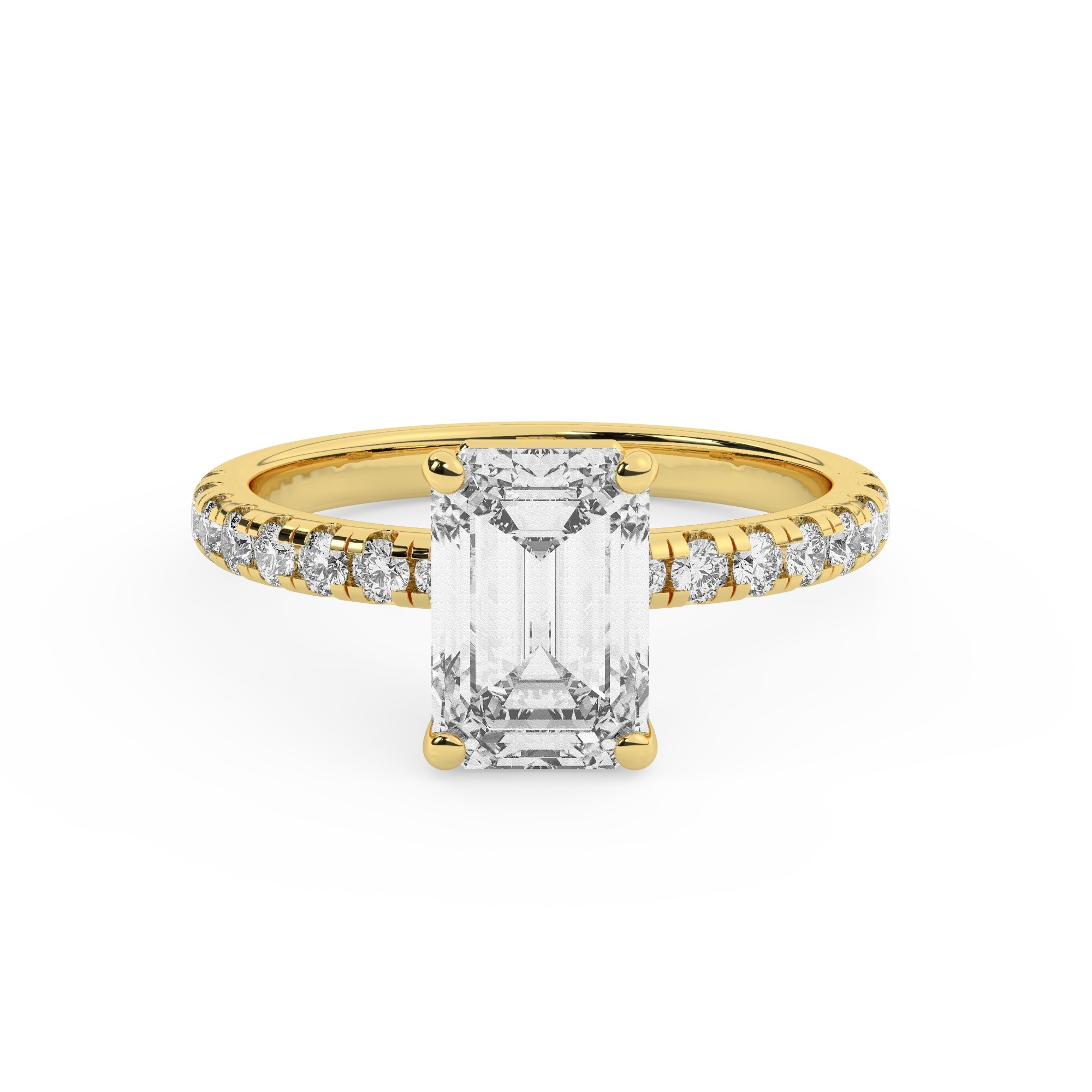 טבעת אירוסין סוליטר וזירקונים בצדדים דגם 50037 זהב צהוב 14 קראט במרכז זירקוניה 2 קראט בחיתוך אמרלד מסביב ובצדדים זירקונים בחיתוך עגול – תמונה 2