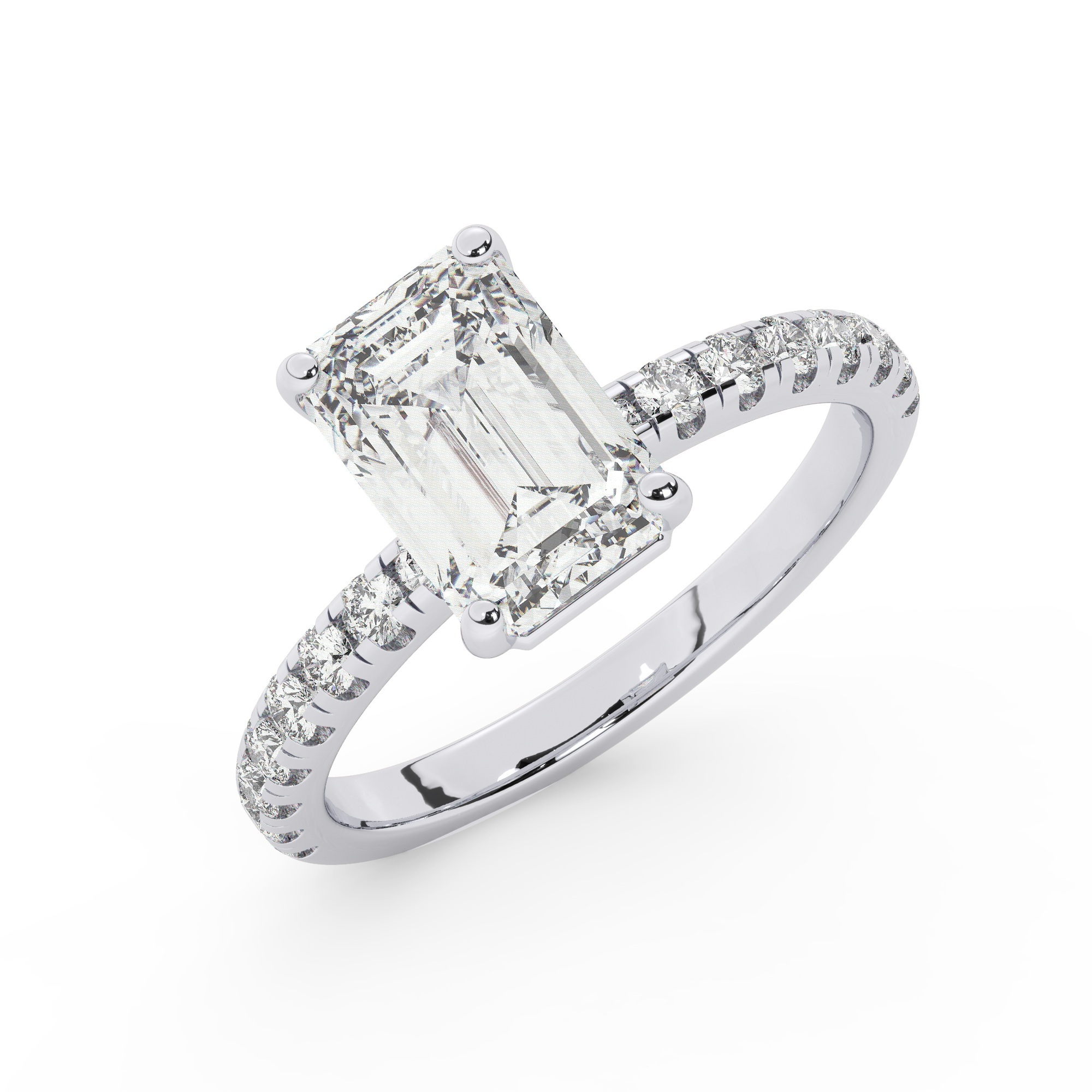 טבעת אירוסין סוליטר וזירקונים בצדדים דגם 50037 זהב לבן 14 קראט במרכז זירקוניה 2 קראט בחיתוך אמרלד מסביב ובצדדים זירקונים בחיתוך עגול