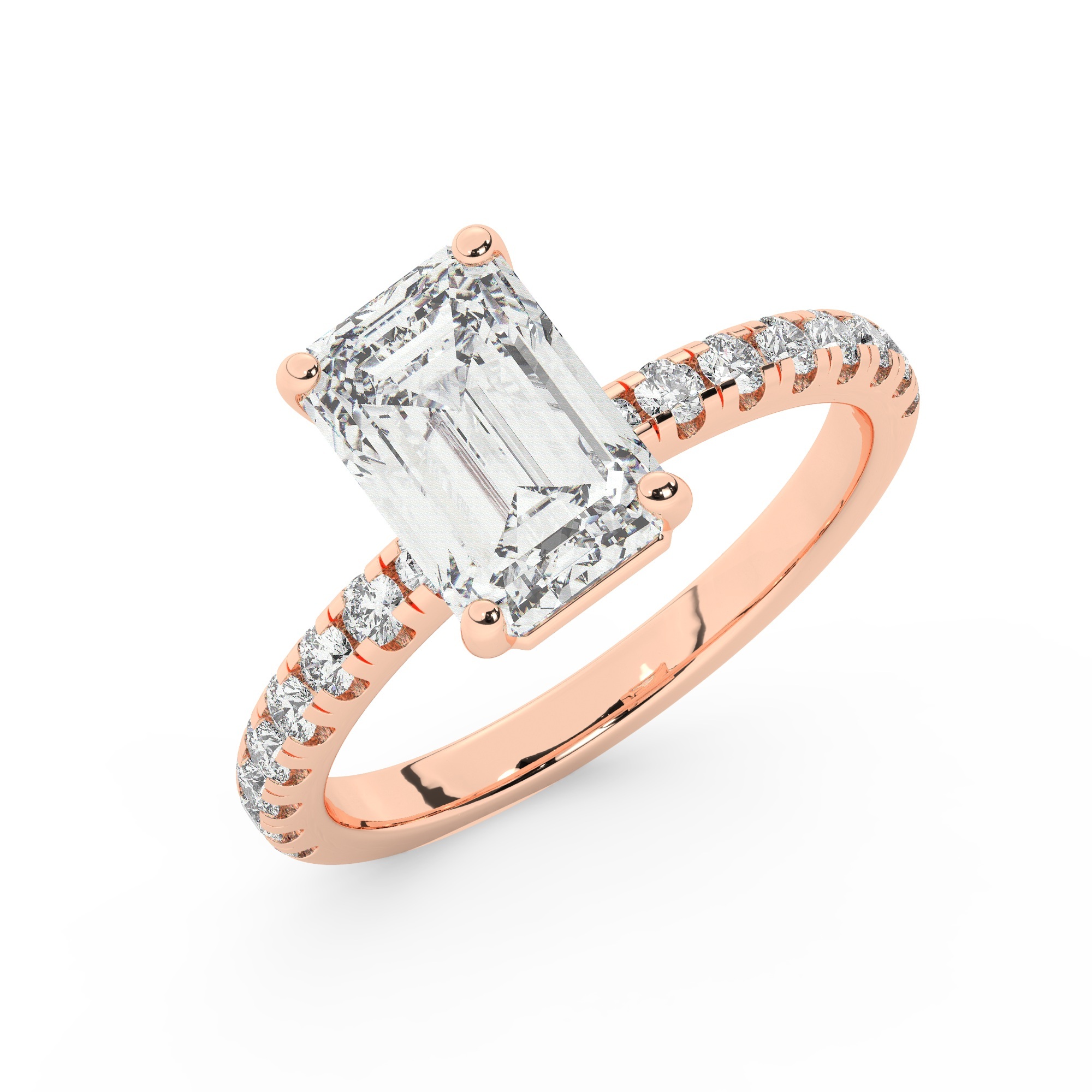 טבעת אירוסין סוליטר וזירקונים בצדדים דגם 50037 זהב אדום רוזגולד 14 קראט במרכז זירקוניה 2.50 קראט בחיתוך אמרלד מסביב ובצדדים זירקונים בחיתוך עגול