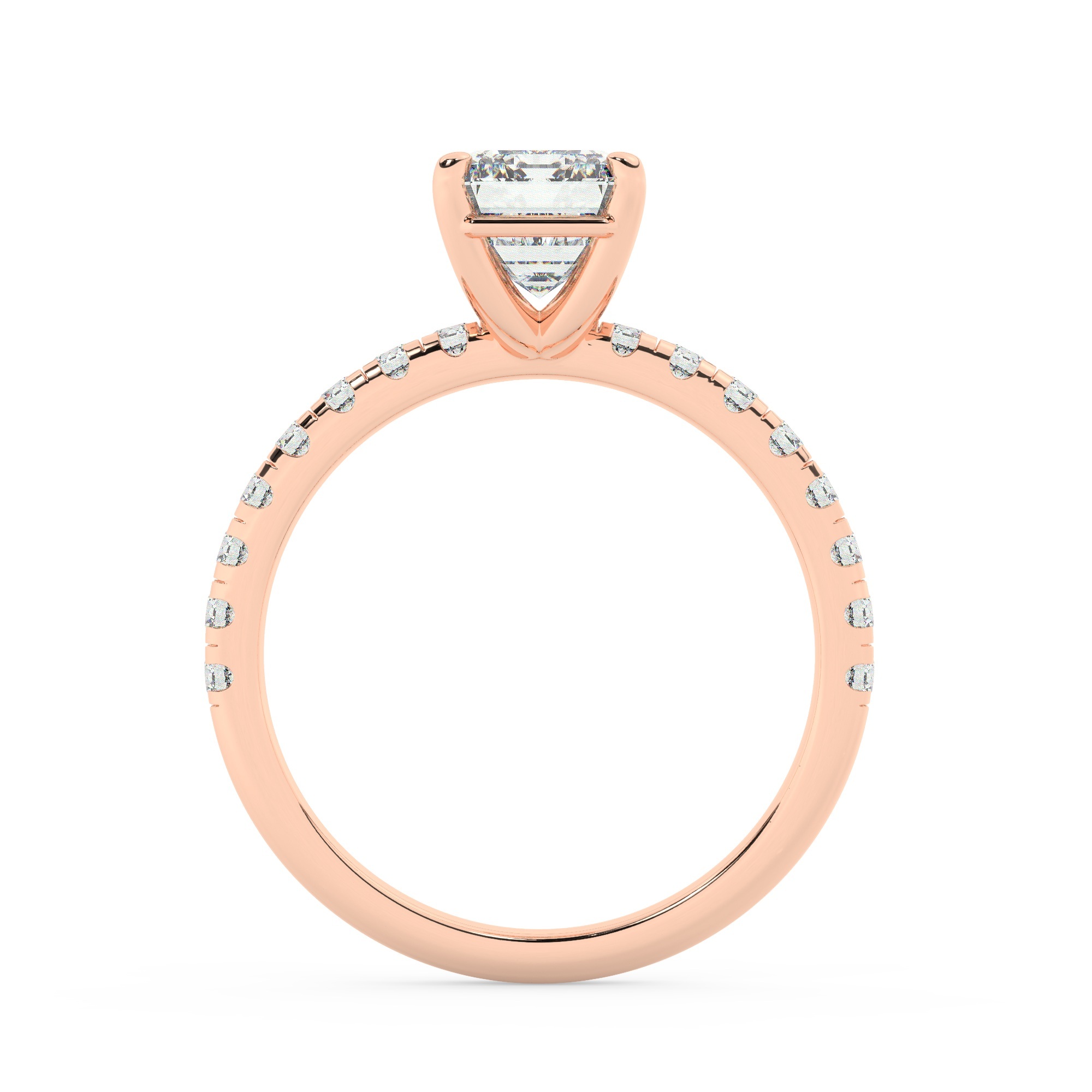 טבעת אירוסין סוליטר וזירקונים בצדדים דגם 50037 זהב אדום רוזגולד 14 קראט במרכז זירקוניה 2.50 קראט בחיתוך אמרלד מסביב ובצדדים זירקונים בחיתוך עגול – תמונה 3