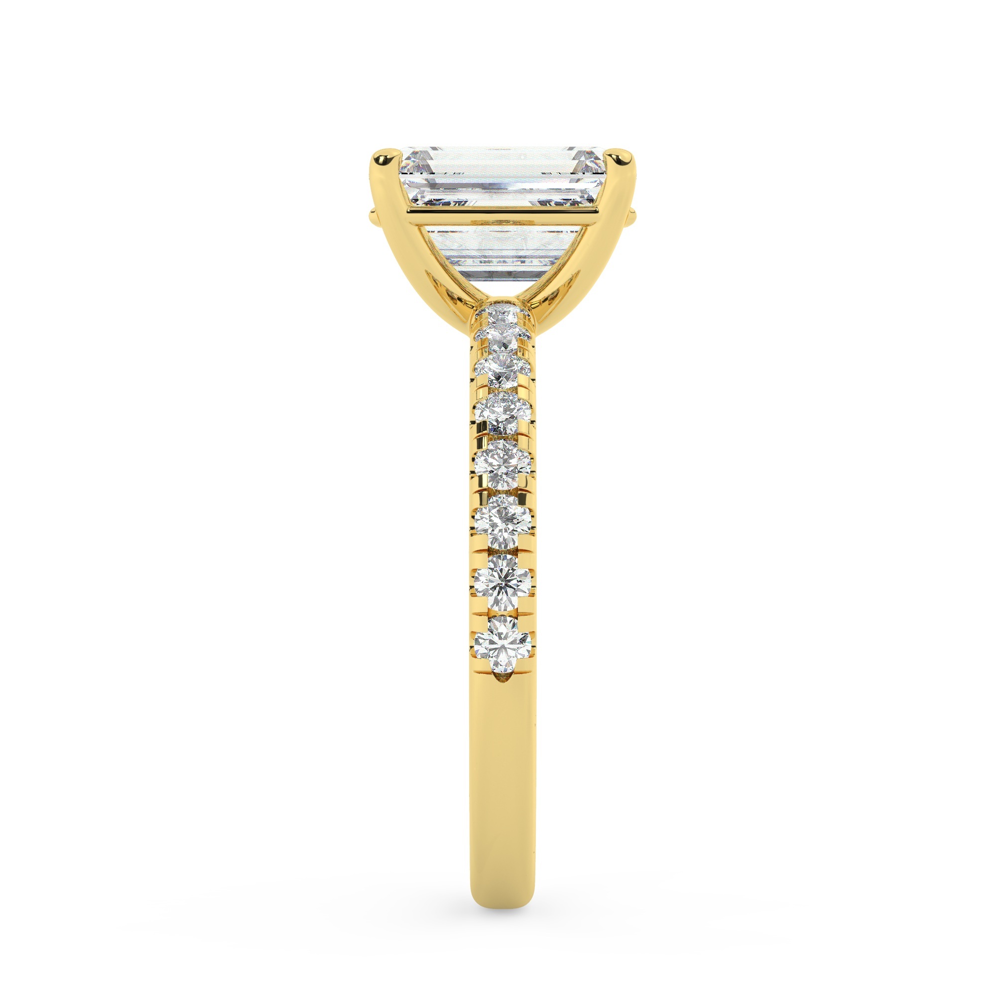 טבעת אירוסין סוליטר וזירקונים בצדדים דגם 50037 זהב צהוב 14 קראט במרכז זירקוניה 5 קראט בחיתוך אמרלד מסביב ובצדדים זירקונים בחיתוך עגול – תמונה 4