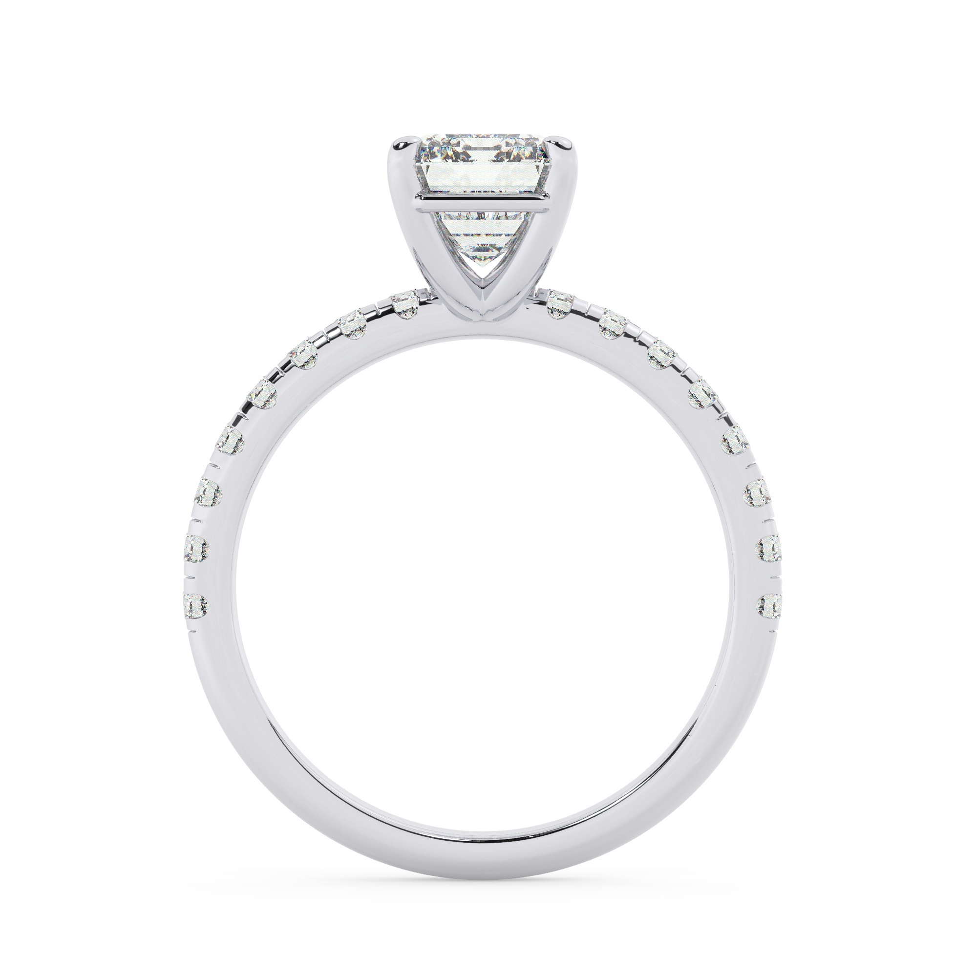 טבעת אירוסין סוליטר וזירקונים בצדדים דגם 50037 זהב לבן 14 קראט במרכז זירקוניה 5 קראט בחיתוך אמרלד מסביב ובצדדים זירקונים בחיתוך עגול – תמונה 3