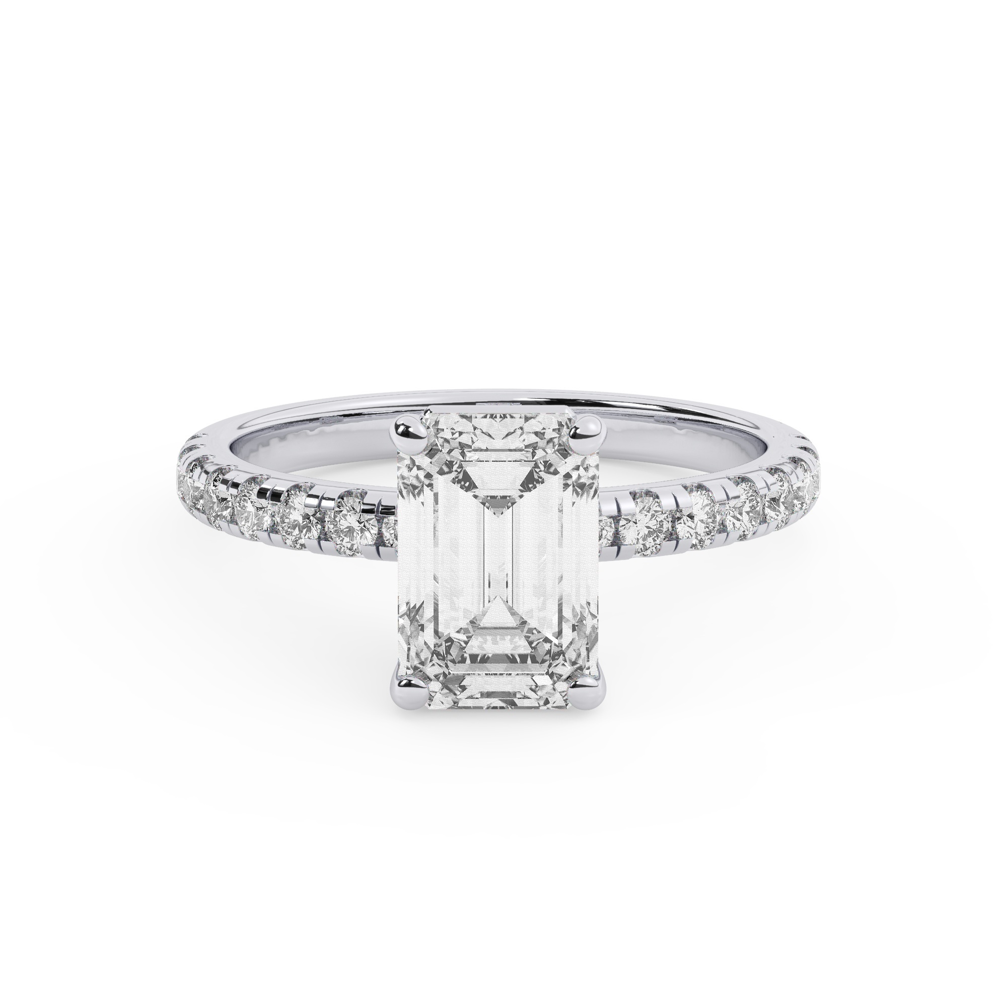 טבעת אירוסין סוליטר וזירקונים בצדדים דגם 50037 זהב לבן 14 קראט במרכז זירקוניה 5 קראט בחיתוך אמרלד מסביב ובצדדים זירקונים בחיתוך עגול – תמונה 2