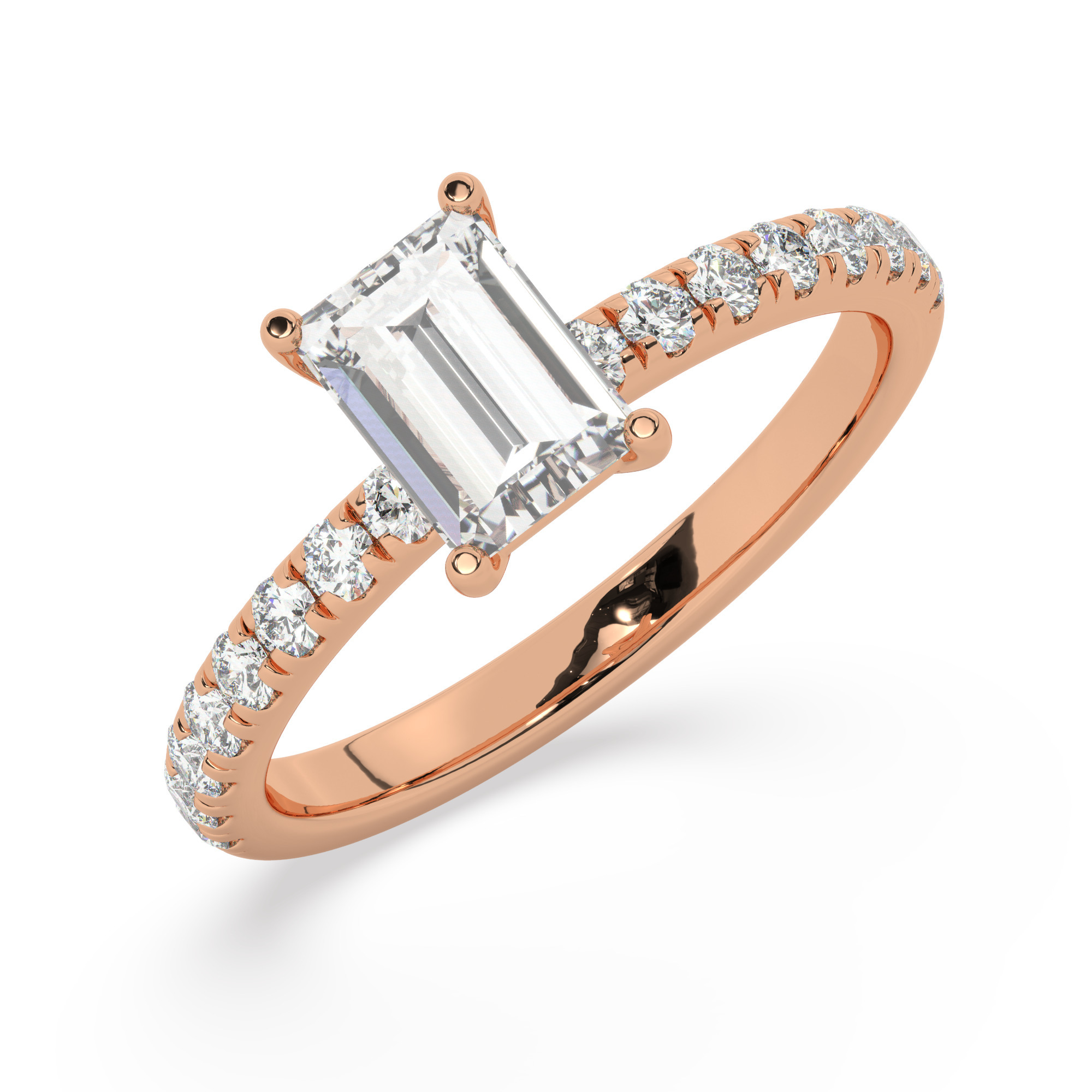 טבעת אירוסין סוליטר וזירקונים בצדדים דגם 50037 זהב אדום רוזגולד 14 קראט במרכז זירקוניה 0.50 קראט בחיתוך אמרלד מסביב ובצדדים זירקונים בחיתוך עגול