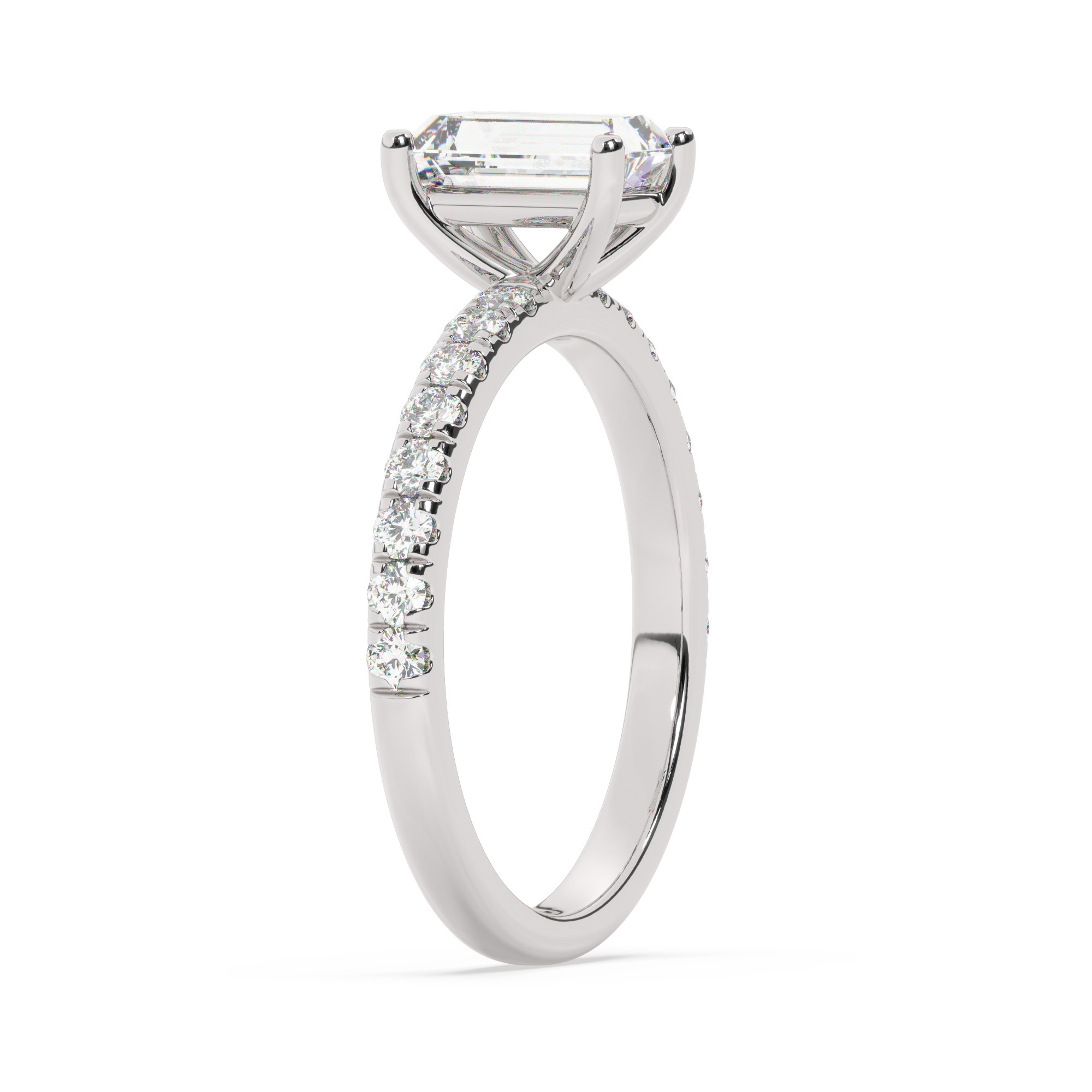 טבעת אירוסין סוליטר וזירקונים בצדדים דגם 50037 זהב לבן 14 קראט במרכז זירקוניה 0.75 קראט בחיתוך אמרלד מסביב ובצדדים זירקונים בחיתוך עגול – תמונה 4