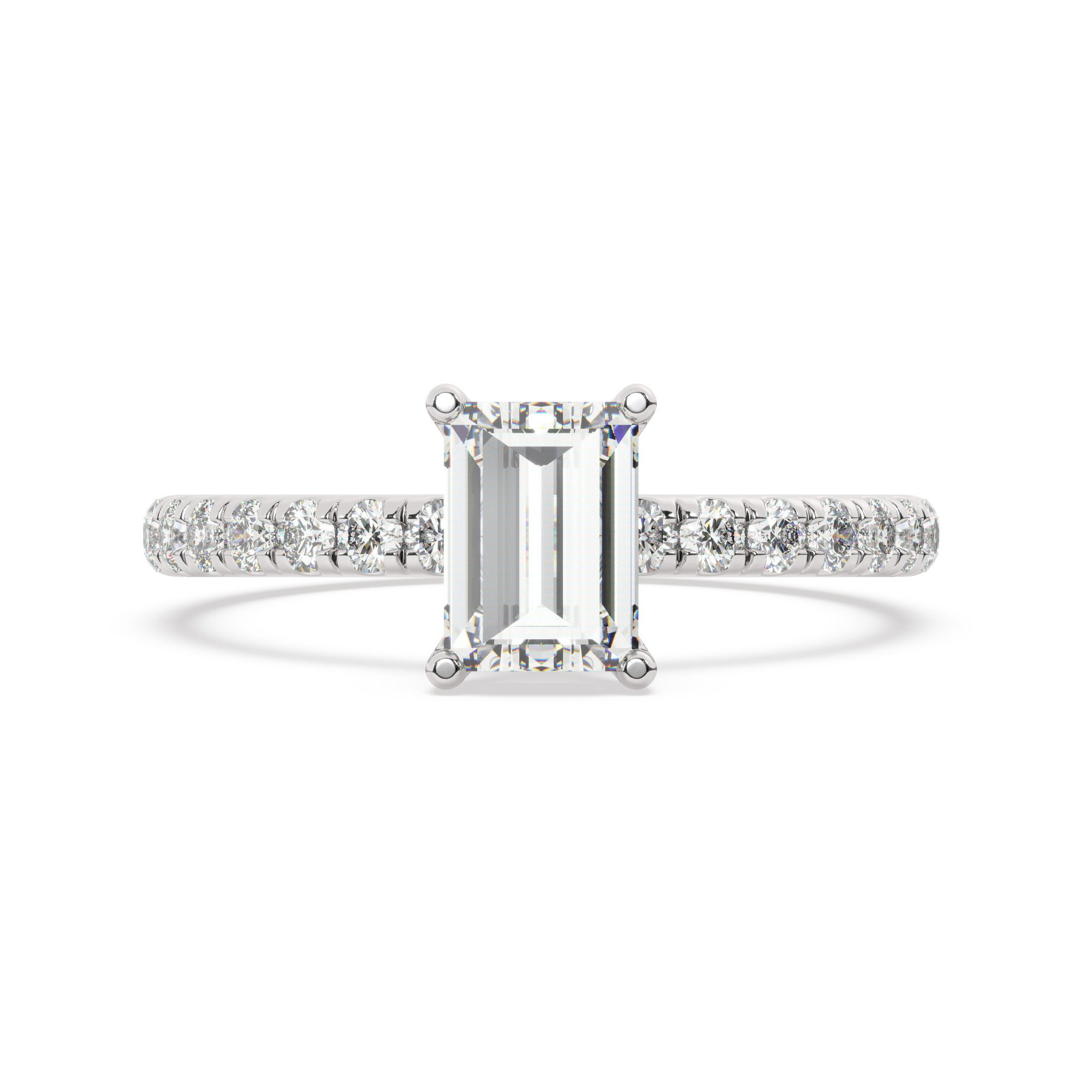 טבעת אירוסין סוליטר וזירקונים בצדדים דגם 50037 זהב לבן 14 קראט במרכז זירקוניה 0.75 קראט בחיתוך אמרלד מסביב ובצדדים זירקונים בחיתוך עגול – תמונה 2