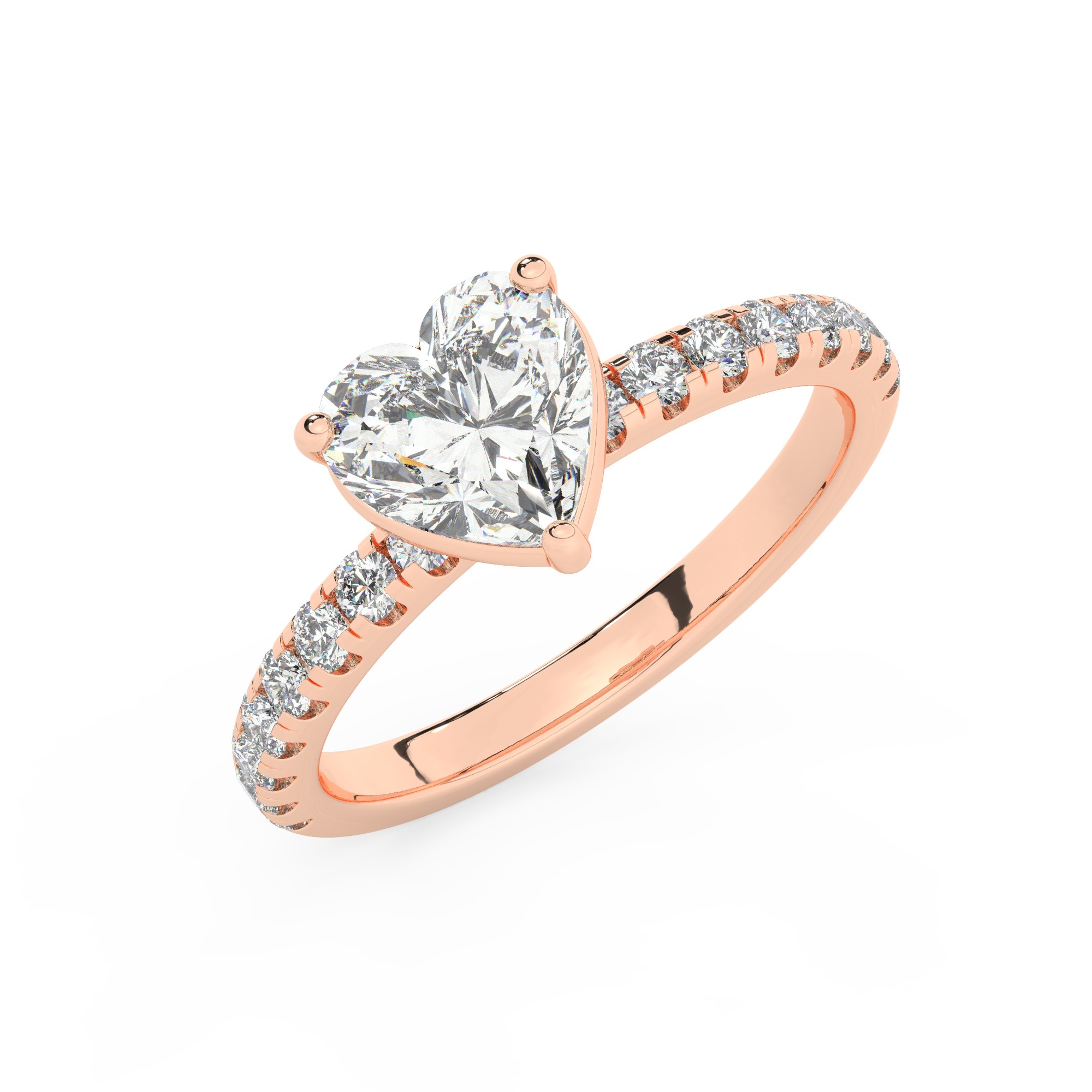 טבעת אירוסין סוליטר וזירקונים בצדדים דגם 50037 זהב אדום רוזגולד 14 קראט במרכז זירקוניה 2 קראט בחיתוך לב מסביב ובצדדים זירקונים בחיתוך עגול