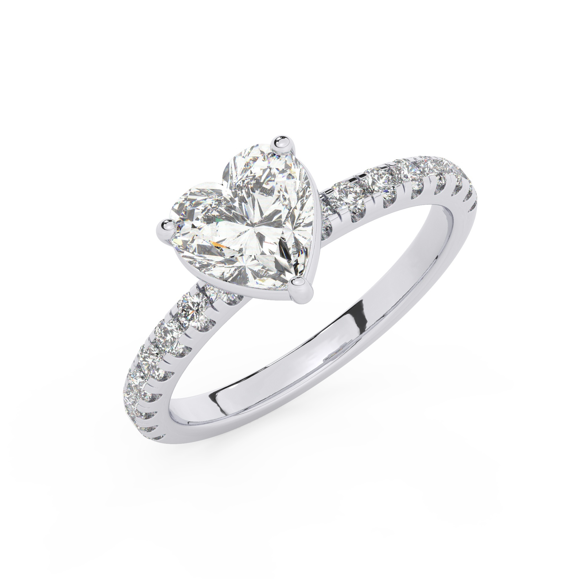 טבעת אירוסין סוליטר וזירקונים בצדדים דגם 50037 זהב לבן 14 קראט במרכז זירקוניה 5 קראט בחיתוך לב מסביב ובצדדים זירקונים בחיתוך עגול