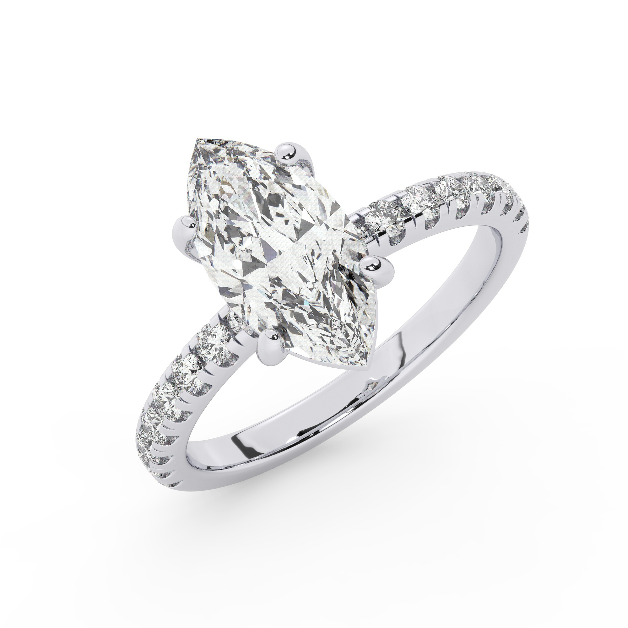 טבעת אירוסין סוליטר וזירקונים בצדדים דגם 50037 זהב לבן 14 קראט במרכז זירקוניה 1 קראט בחיתוך מרקיזה מסביב ובצדדים זירקונים בחיתוך עגול