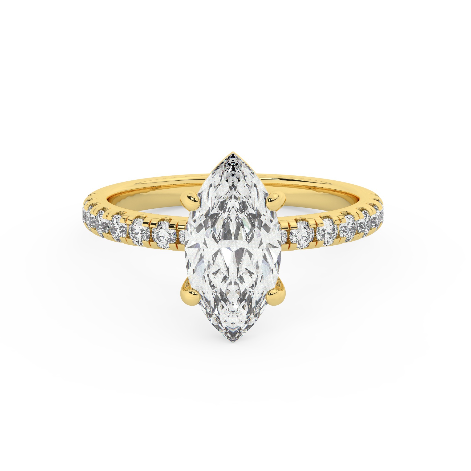 טבעת אירוסין סוליטר וזירקונים בצדדים דגם 50037 זהב צהוב 14 קראט במרכז זירקוניה 4 קראט בחיתוך מרקיזה מסביב ובצדדים זירקונים בחיתוך עגול – תמונה 2