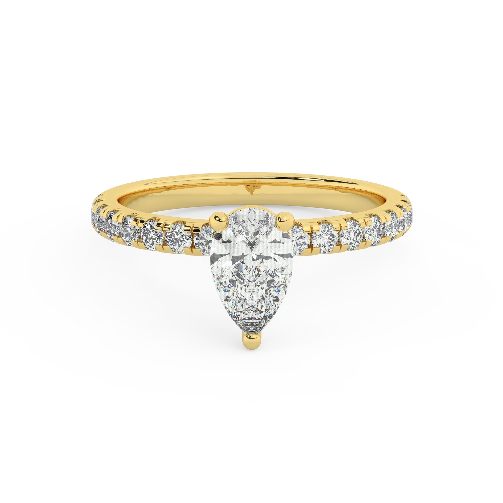 טבעת אירוסין סוליטר וזירקונים בצדדים דגם 50037 זהב צהוב 14 קראט במרכז זירקוניה 1 קראט בחיתוך טיפה מסביב ובצדדים זירקונים בחיתוך עגול – תמונה 2