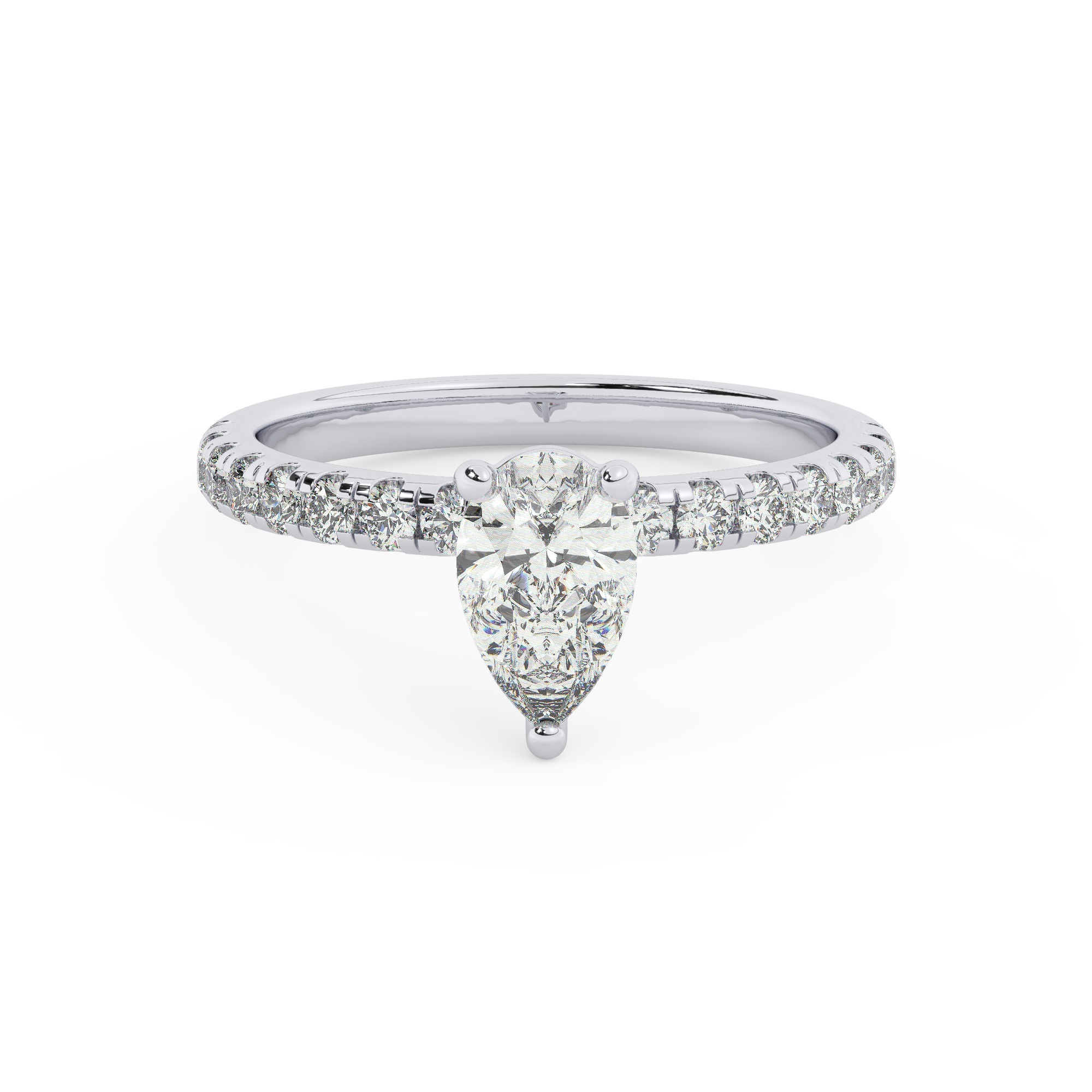 טבעת אירוסין סוליטר וזירקונים בצדדים דגם 50037 זהב לבן 14 קראט במרכז זירקוניה 2.50 קראט בחיתוך טיפה מסביב ובצדדים זירקונים בחיתוך עגול – תמונה 2