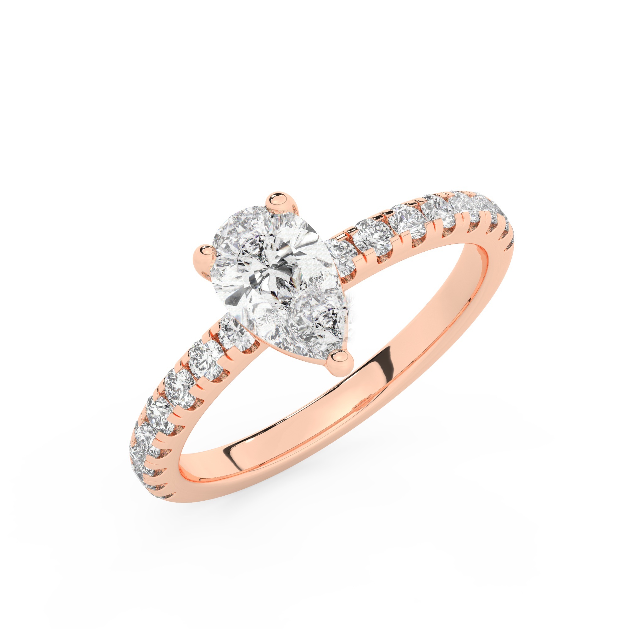 טבעת אירוסין סוליטר וזירקונים בצדדים דגם 50037 זהב אדום רוזגולד 14 קראט במרכז זירקוניה 4 קראט בחיתוך טיפה מסביב ובצדדים זירקונים בחיתוך עגול