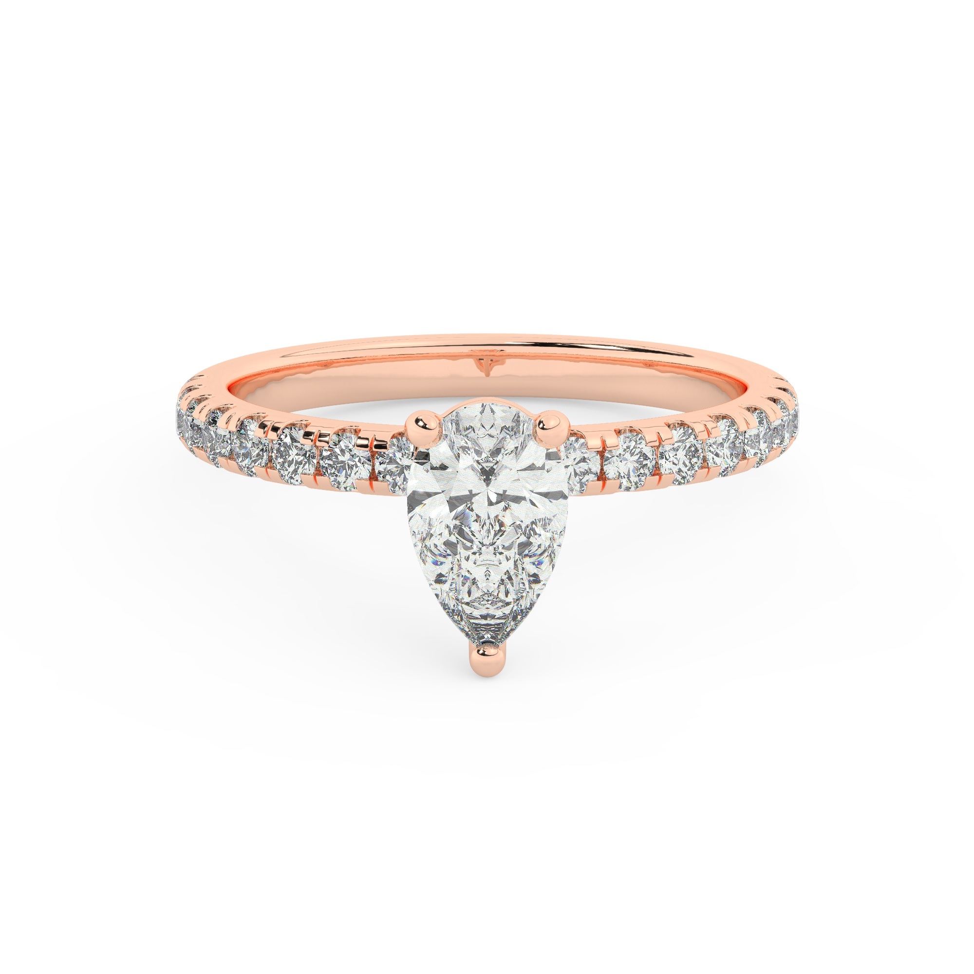 טבעת אירוסין סוליטר וזירקונים בצדדים דגם 50037 זהב אדום רוזגולד 14 קראט במרכז זירקוניה 5 קראט בחיתוך טיפה מסביב ובצדדים זירקונים בחיתוך עגול – תמונה 2