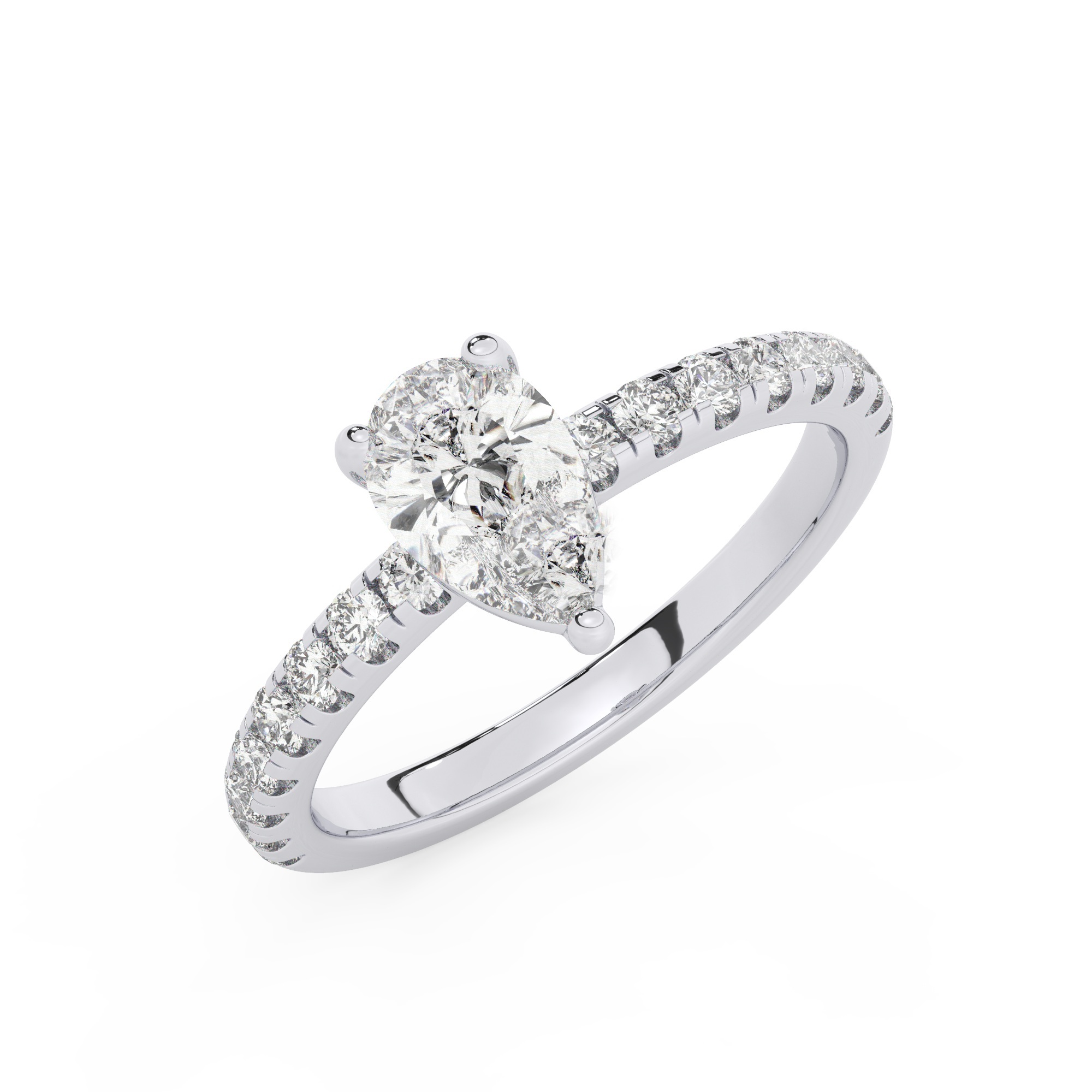 טבעת אירוסין סוליטר וזירקונים בצדדים דגם 50037 כסף מצופה זהב לבן במרכז זירקוניה 5 קראט בחיתוך טיפה מסביב ובצדדים זירקונים בחיתוך עגול