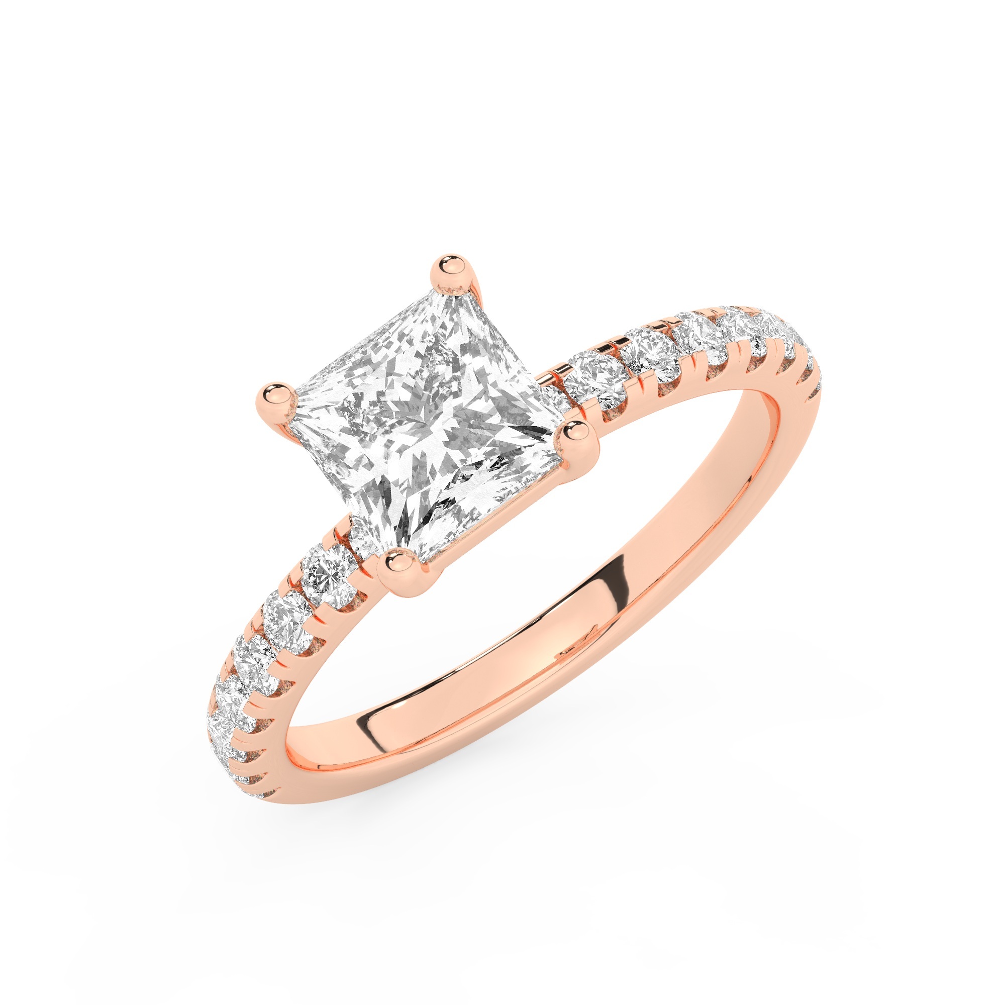 טבעת אירוסין סוליטר וזירקונים בצדדים דגם 50037 זהב אדום רוזגולד 14 קראט במרכז זירקוניה 1 קראט בחיתוך פרינסס מסביב ובצדדים זירקונים בחיתוך עגול