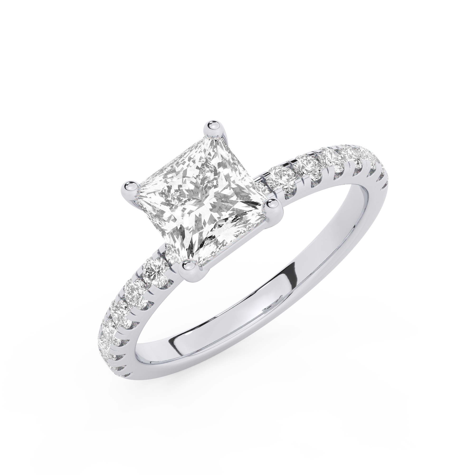 טבעת אירוסין סוליטר וזירקונים בצדדים דגם 50037 זהב לבן 14 קראט במרכז זירקוניה 3 קראט בחיתוך פרינסס מסביב ובצדדים זירקונים בחיתוך עגול