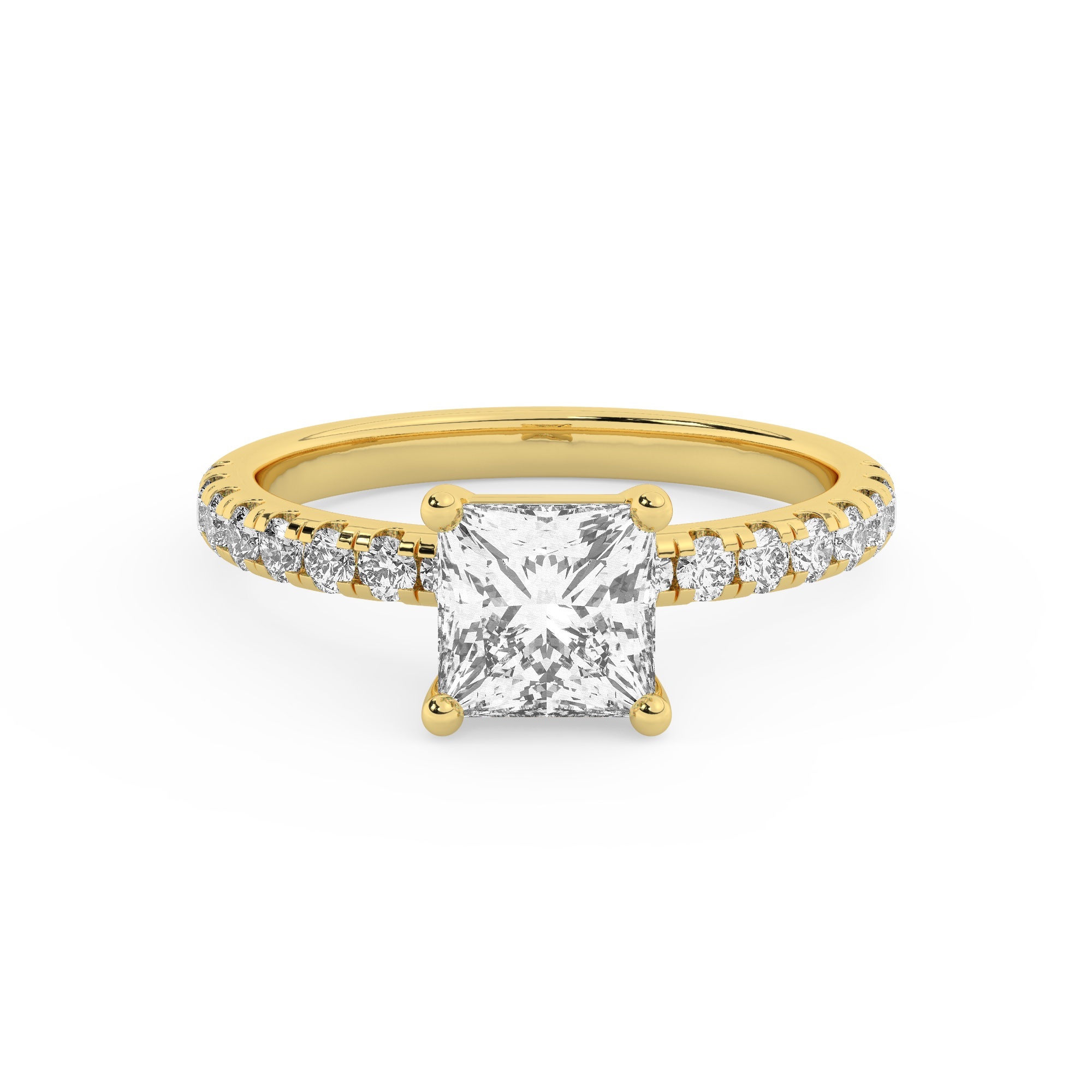 טבעת אירוסין סוליטר וזירקונים בצדדים דגם 50037 זהב צהוב 14 קראט במרכז זירקוניה 5 קראט בחיתוך פרינסס מסביב ובצדדים זירקונים בחיתוך עגול – תמונה 2