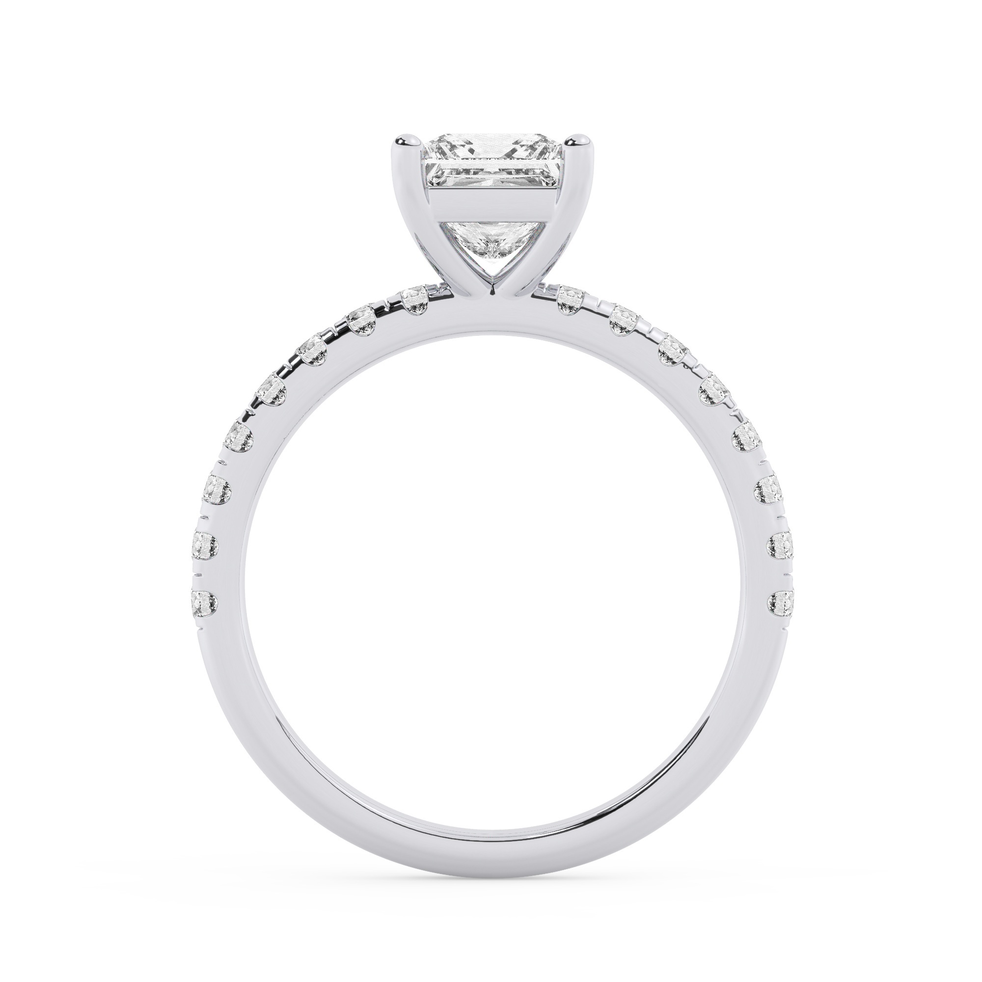 טבעת אירוסין סוליטר וזירקונים בצדדים דגם 50037 זהב לבן 14 קראט במרכז זירקוניה 5 קראט בחיתוך פרינסס מסביב ובצדדים זירקונים בחיתוך עגול – תמונה 3