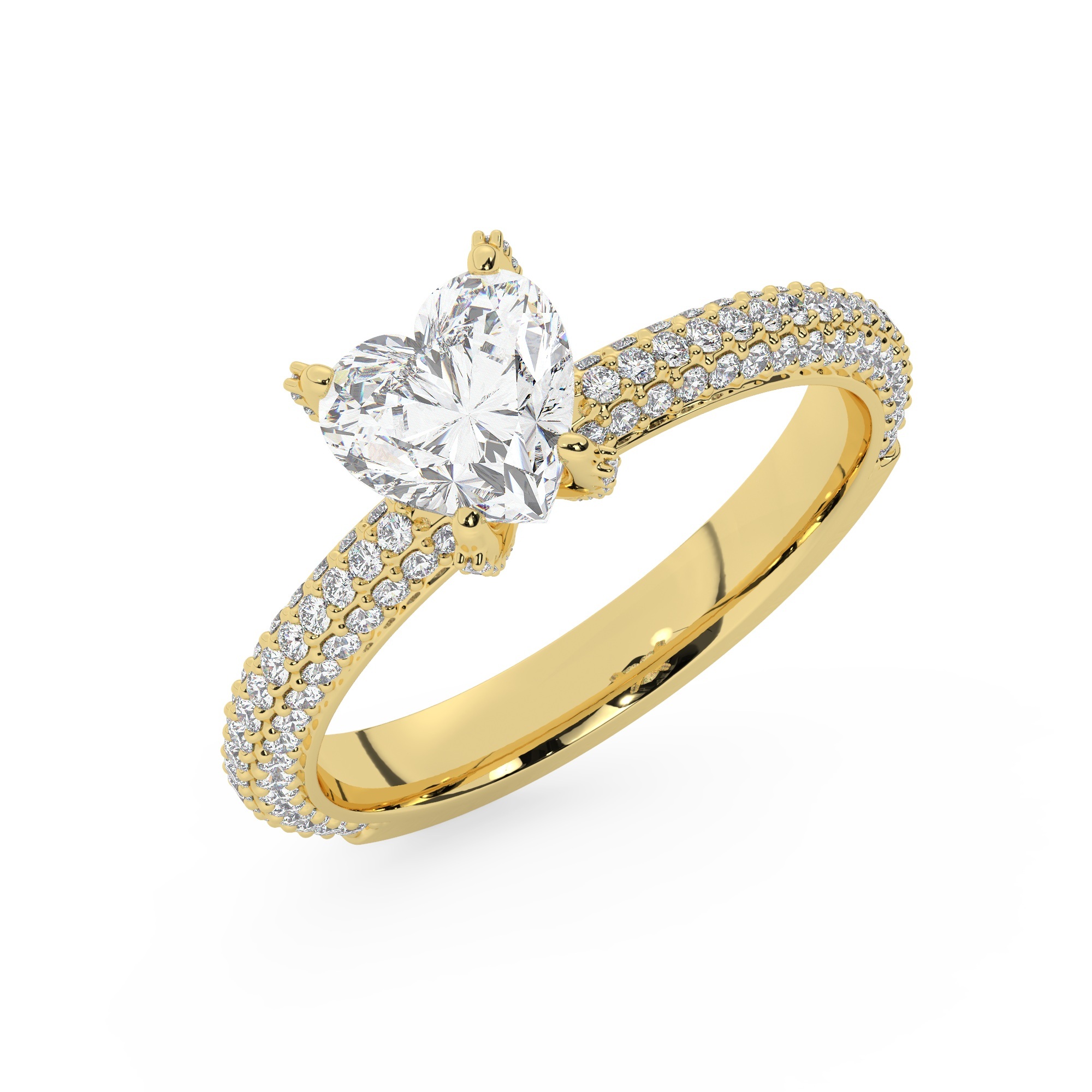 טבעת אירוסין סוליטר ויהלומים בצדדים דגם 50012 זהב צהוב 14 קראט במרכז זירקוניה 2.50 קראט בחיתוך לב מסביב ובצדדים זירקונים בחיתוך עגול