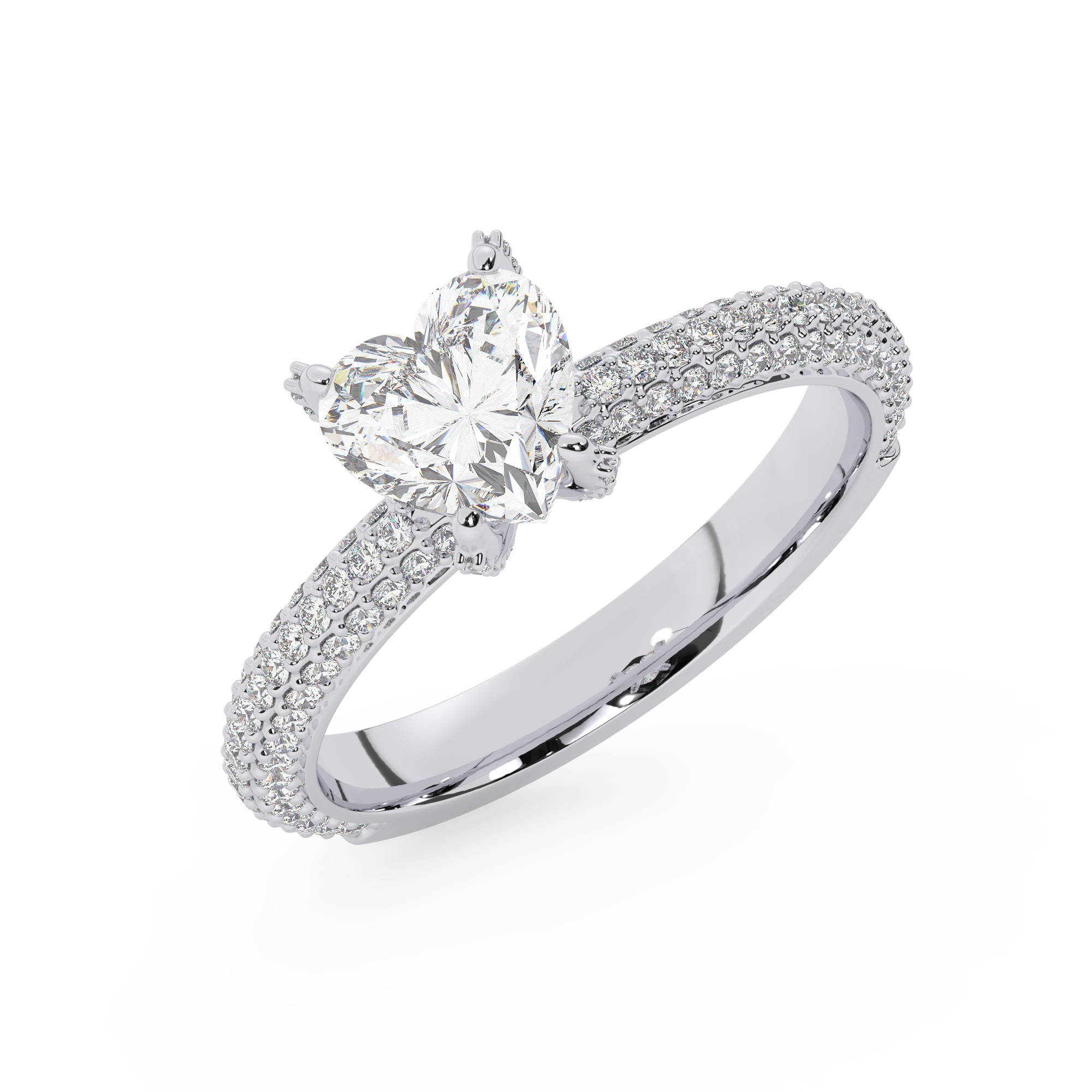 טבעת אירוסין סוליטר ויהלומים בצדדים דגם 50012 זהב לבן 14 קראט במרכז זירקוניה 0.75 קראט בחיתוך לב מסביב ובצדדים זירקונים בחיתוך עגול