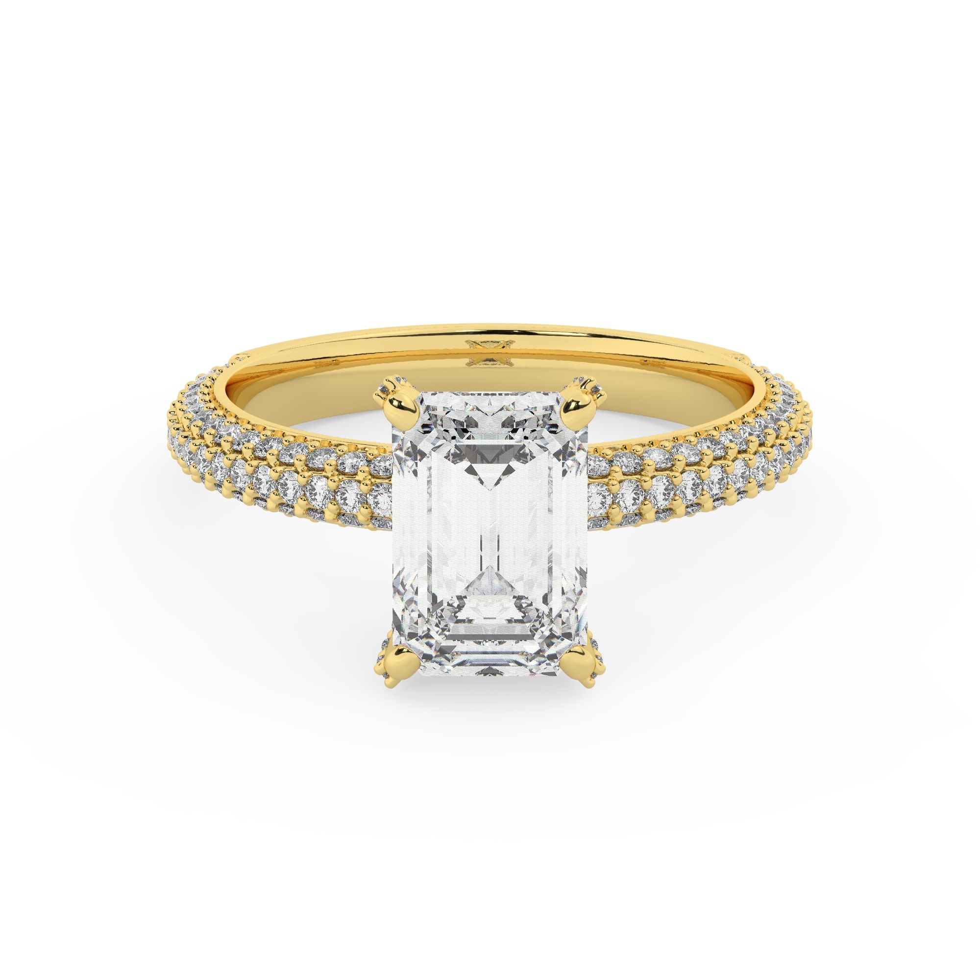 טבעת אירוסין סוליטר ויהלומים בצדדים דגם 50012 זהב צהוב 14 קראט במרכז אבן מעבדה מוסונייט 0.50 קראט בחיתוך אמרלד עם תעודה גמולוגית מסביב ובצדדים אבני מעבדה מוסונייט במשקל כולל של 0.40 קראט בחיתוך עגול – תמונה 2