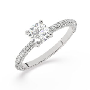 טבעת אירוסין סוליטר ויהלומים בצדדים דגם 50012 זהב לבן 14 קראט במרכז זירקוניה 1.50 קראט בחיתוך עגול מסביב ובצדדים זירקונים בחיתוך עגול