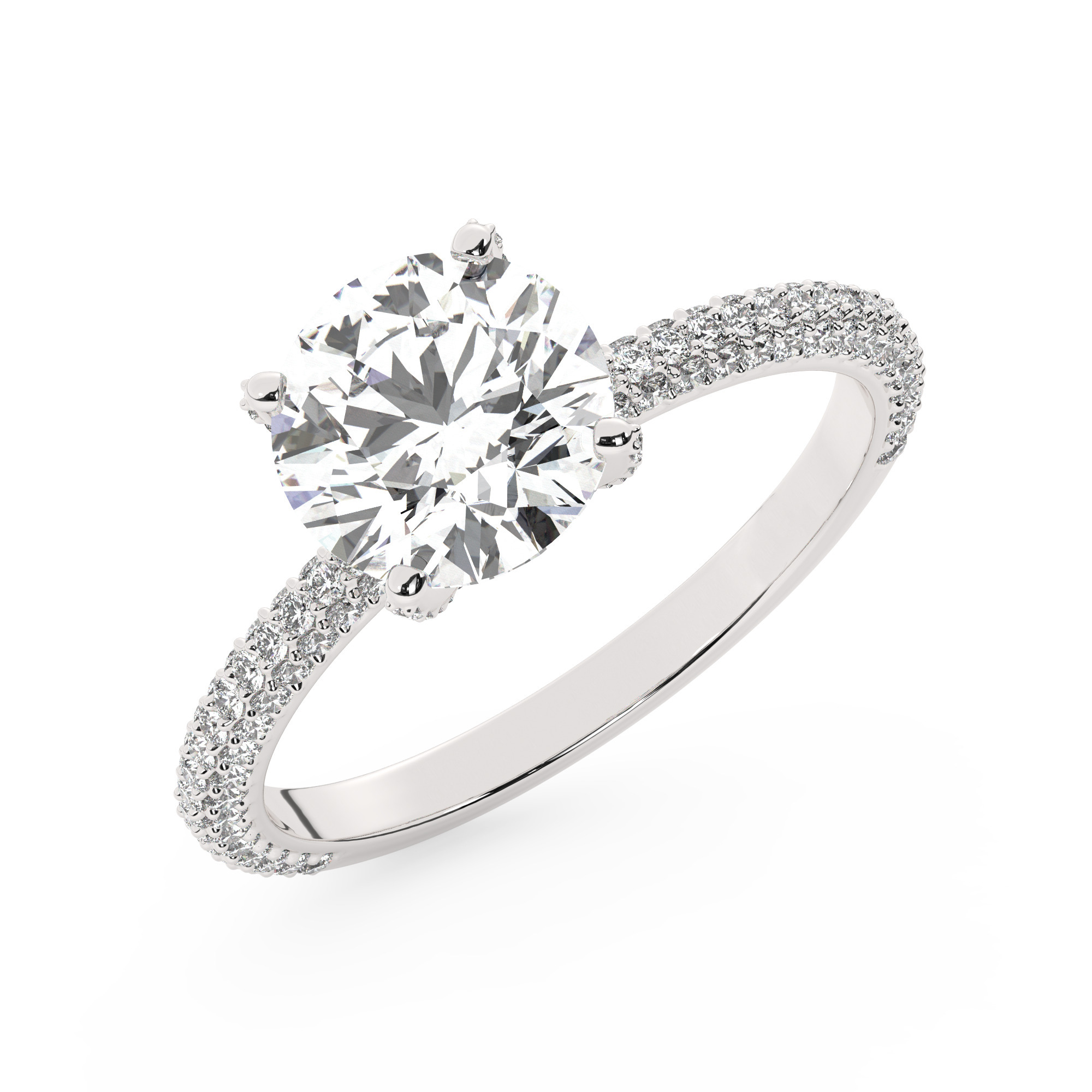 טבעת אירוסין סוליטר ויהלומים בצדדים דגם 50012 זהב לבן 14 קראט במרכז זירקוניה 5 קראט בחיתוך עגול מסביב ובצדדים זירקונים בחיתוך עגול