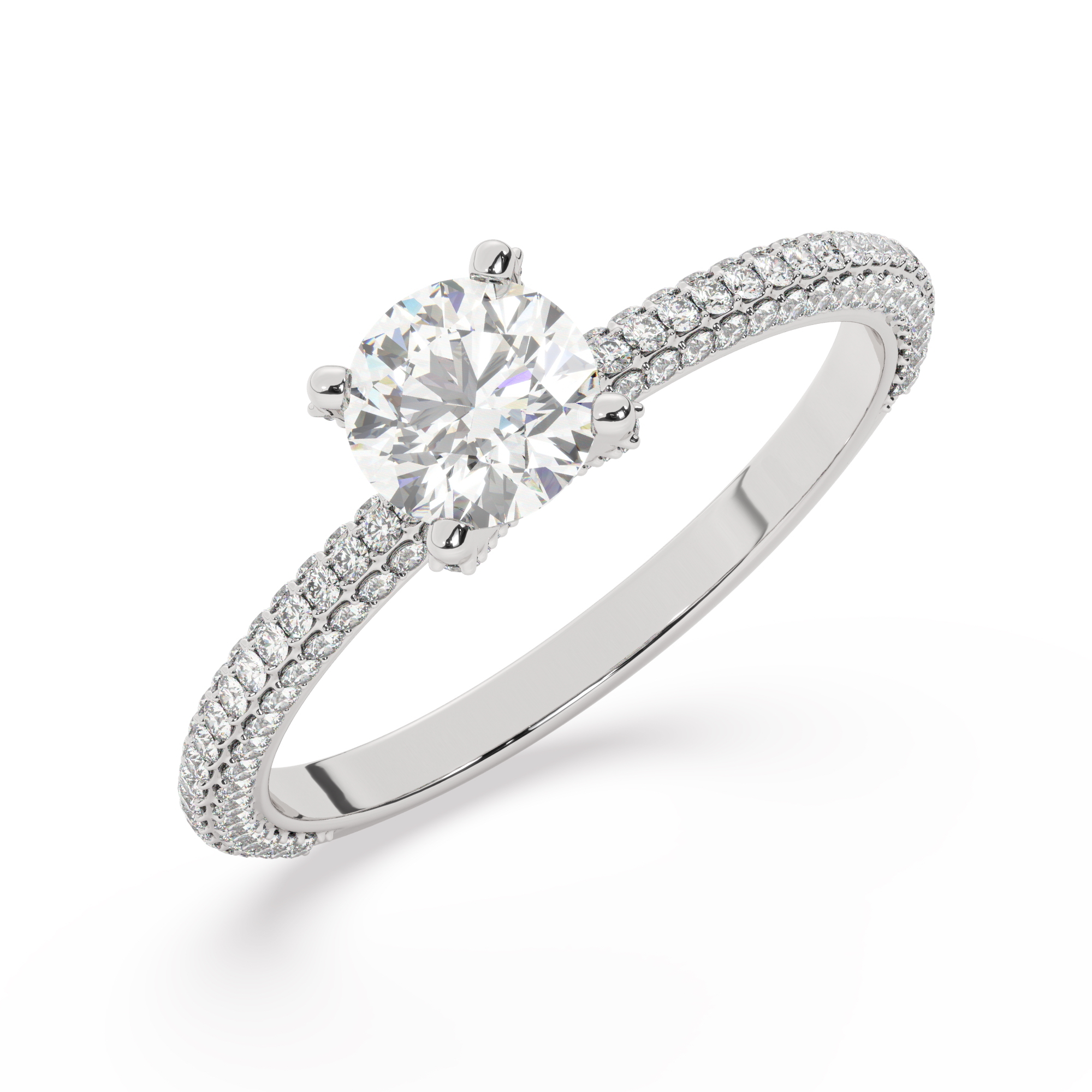 טבעת אירוסין סוליטר ויהלומים בצדדים דגם 50012 זהב לבן 14 קראט במרכז זירקוניה 0.75 קראט בחיתוך עגול מסביב ובצדדים זירקונים בחיתוך עגול