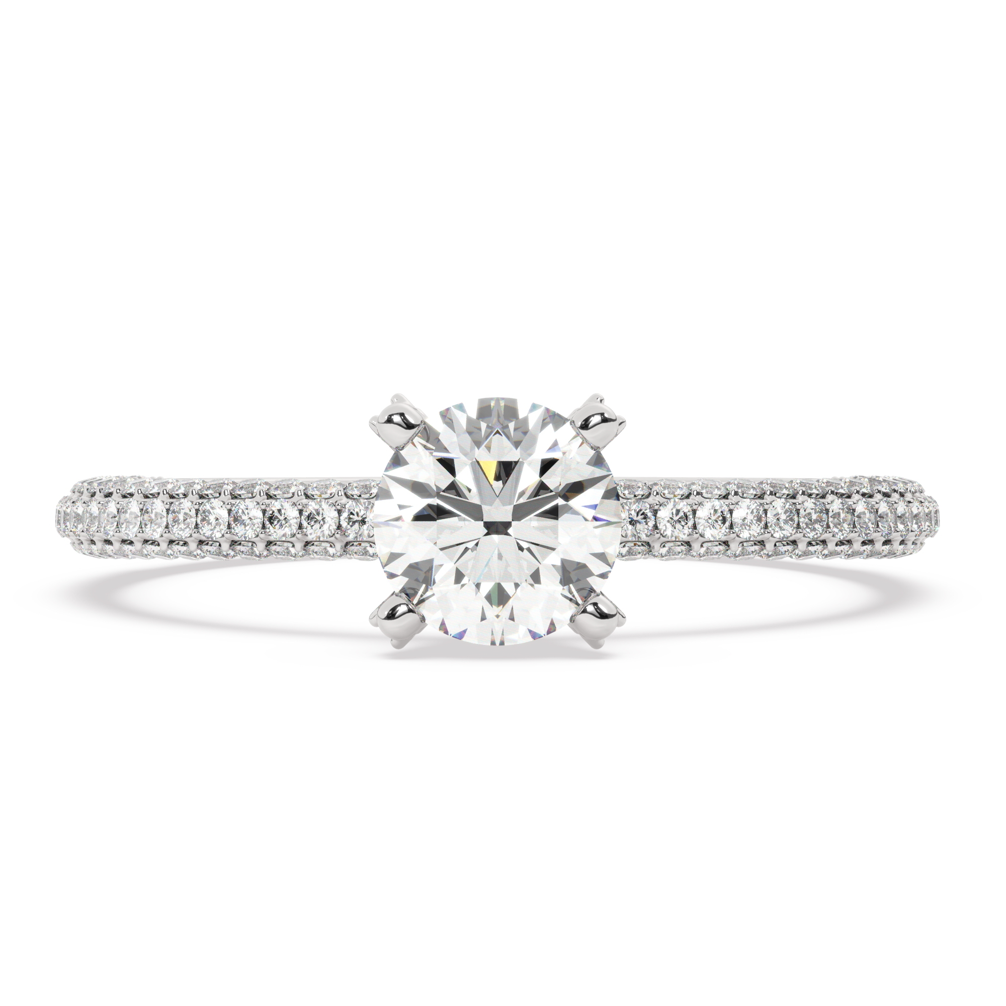 טבעת אירוסין סוליטר ויהלומים בצדדים דגם 50012 כסף מצופה זהב לבן במרכז זירקוניה 0.75 קראט בחיתוך עגול מסביב ובצדדים זירקונים בחיתוך עגול – תמונה 2