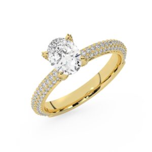 טבעת אירוסין סוליטר ויהלומים בצדדים דגם 50012 זהב צהוב 14 קראט במרכז זירקוניה 1 קראט בחיתוך אובל מסביב ובצדדים זירקונים בחיתוך עגול