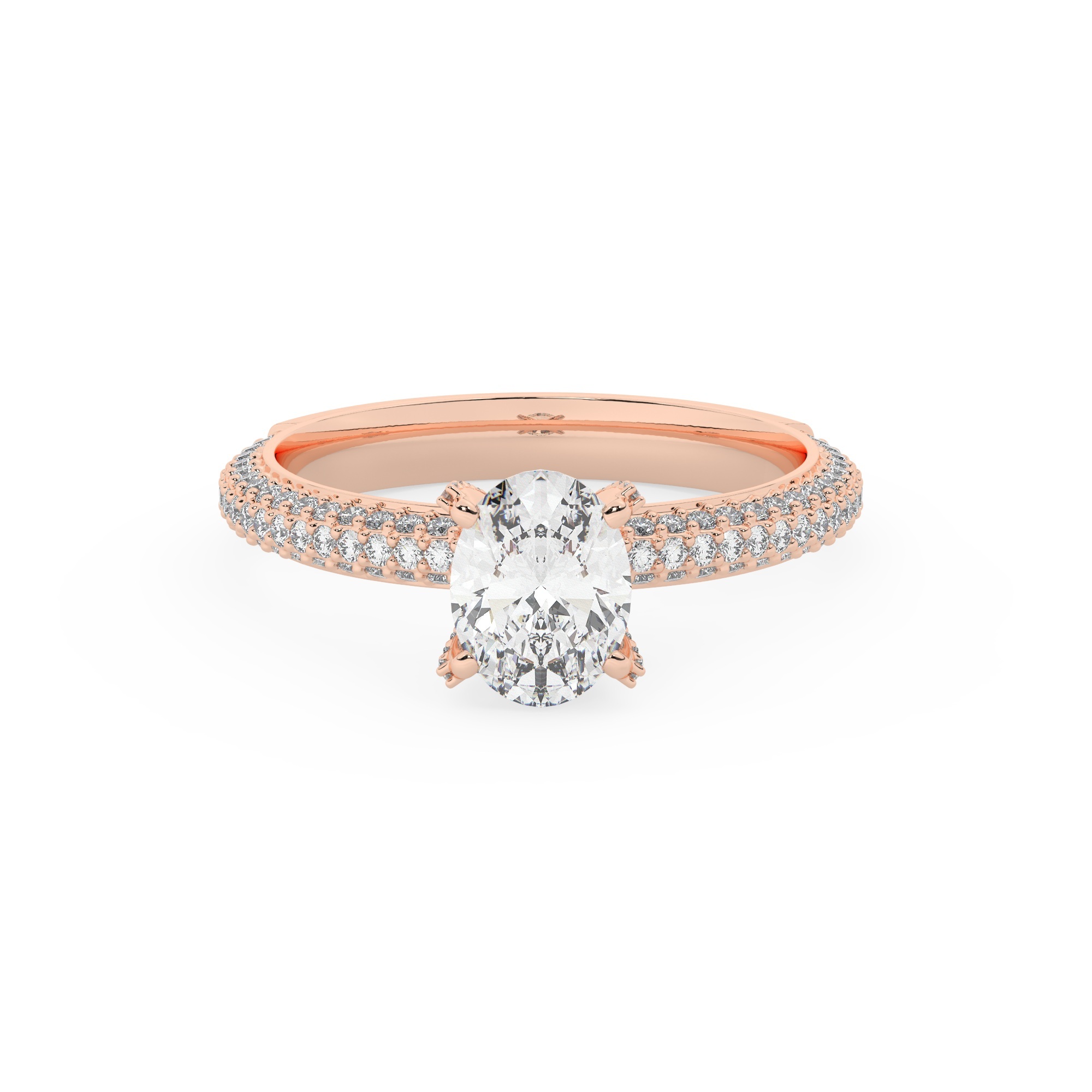 טבעת אירוסין סוליטר ויהלומים בצדדים דגם 50012 זהב אדום רוזגולד 14 קראט במרכז זירקוניה 1.50 קראט בחיתוך אובל מסביב ובצדדים זירקונים בחיתוך עגול – תמונה 2