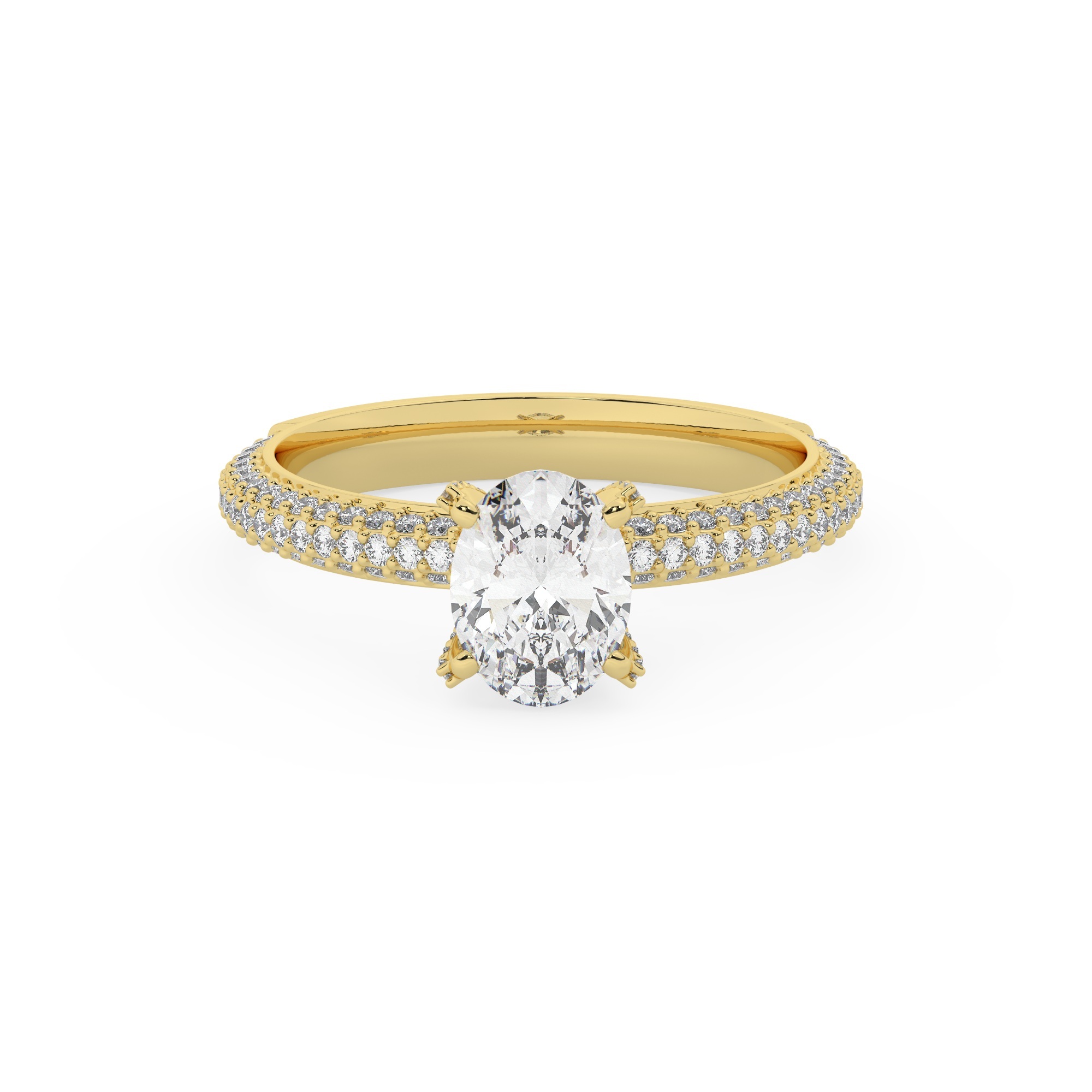 טבעת אירוסין סוליטר ויהלומים בצדדים דגם 50012 זהב צהוב 14 קראט במרכז זירקוניה 1.50 קראט בחיתוך אובל מסביב ובצדדים זירקונים בחיתוך עגול – תמונה 2