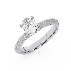 טבעת אירוסין סוליטר ויהלומים בצדדים דגם 50012 זהב לבן 14 קראט במרכז זירקוניה 1.50 קראט בחיתוך אובל מסביב ובצדדים זירקונים בחיתוך עגול