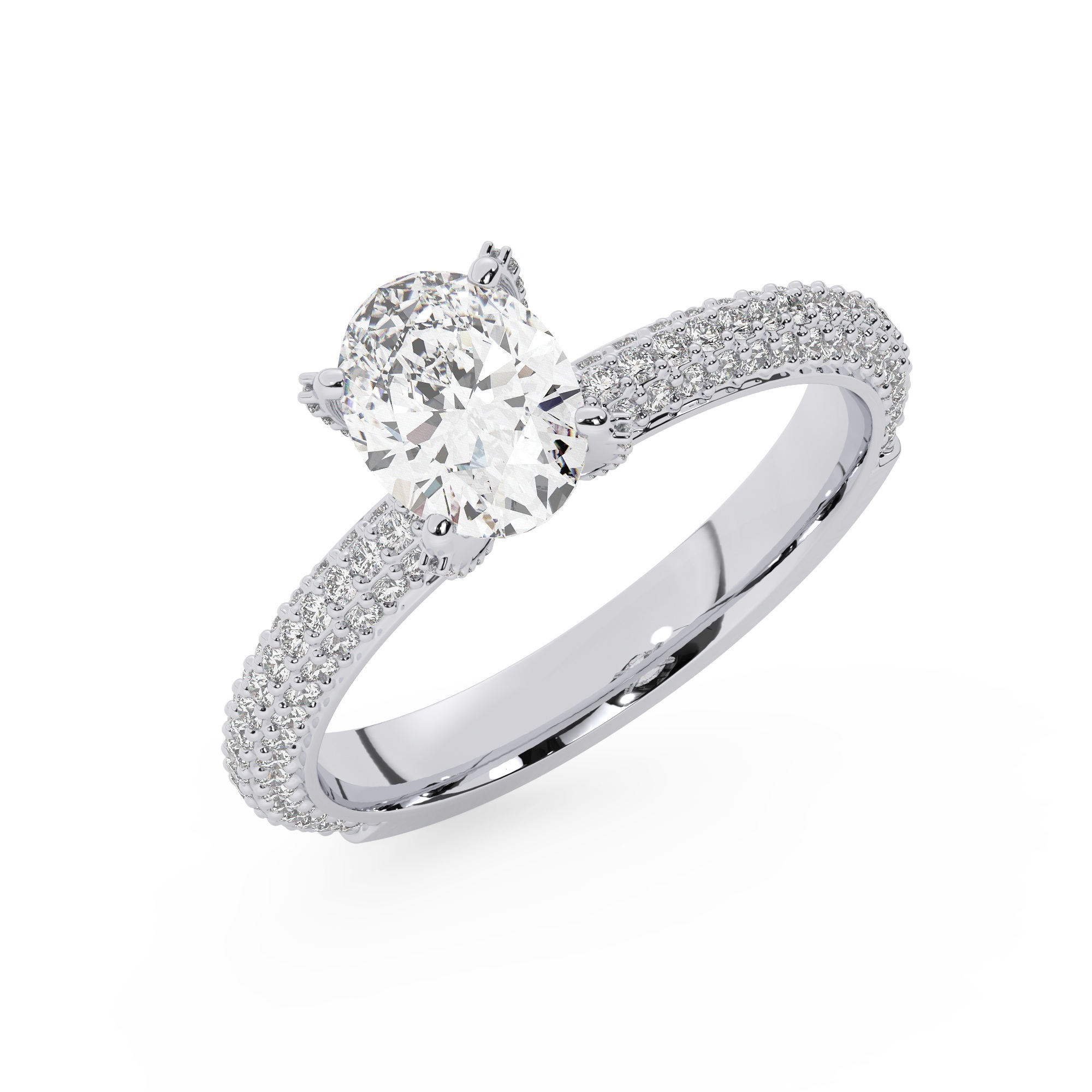 טבעת אירוסין סוליטר ויהלומים בצדדים דגם 50012 זהב לבן 14 קראט במרכז זירקוניה 1.50 קראט בחיתוך אובל מסביב ובצדדים זירקונים בחיתוך עגול