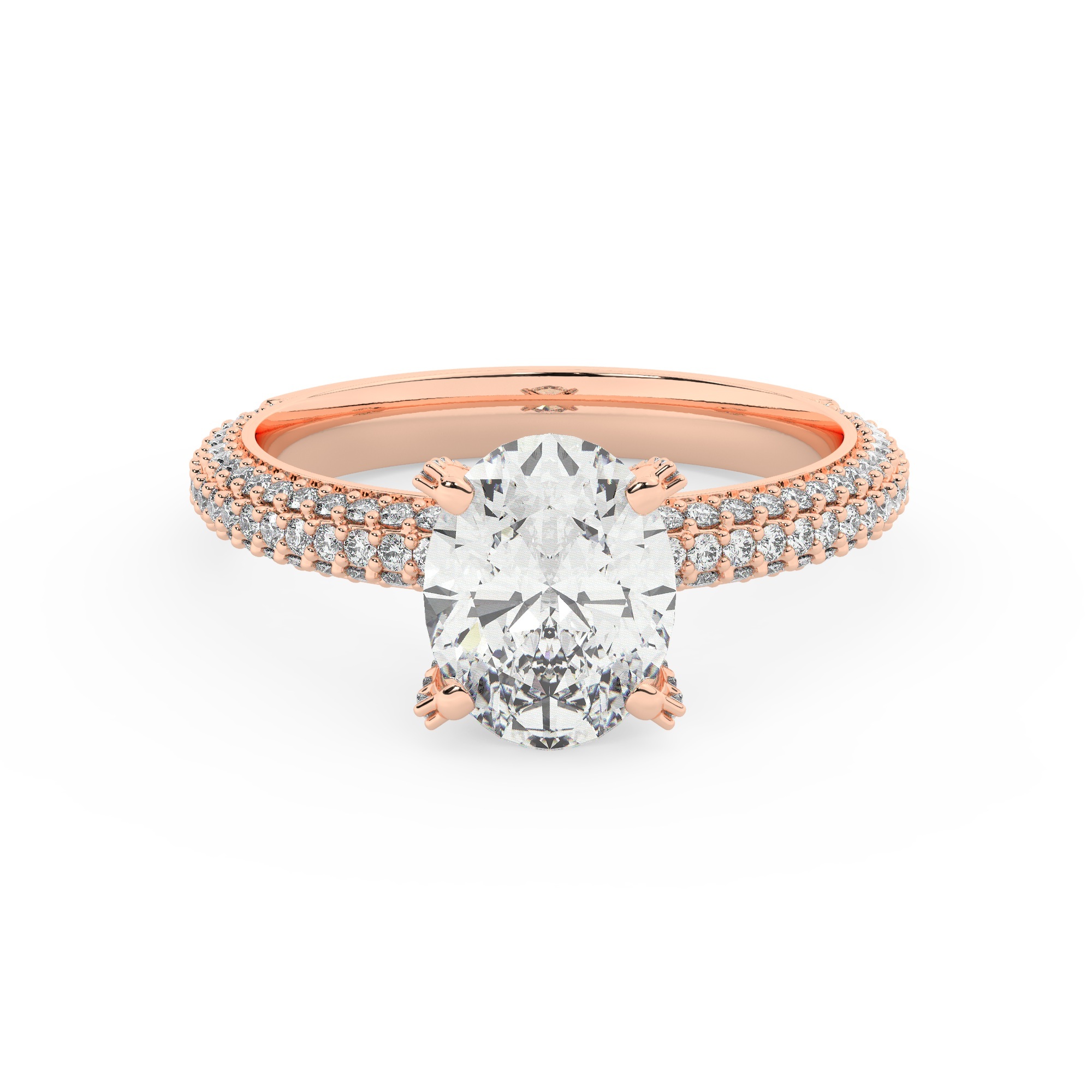 טבעת אירוסין סוליטר ויהלומים בצדדים דגם 50012 זהב אדום רוזגולד 14 קראט במרכז זירקוניה 2 קראט בחיתוך אובל מסביב ובצדדים זירקונים בחיתוך עגול – תמונה 2