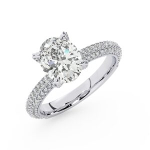 טבעת אירוסין סוליטר ויהלומים בצדדים דגם 50012 זהב לבן 14 קראט במרכז זירקוניה 2 קראט בחיתוך אובל מסביב ובצדדים זירקונים בחיתוך עגול