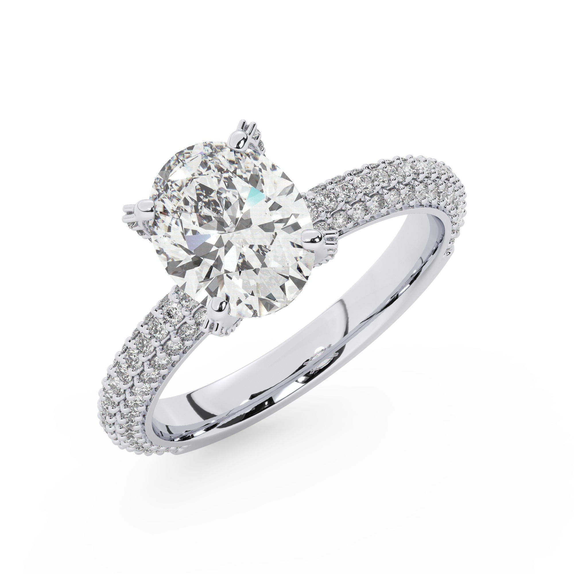 טבעת אירוסין סוליטר ויהלומים בצדדים דגם 50012 זהב לבן 14 קראט במרכז זירקוניה 2 קראט בחיתוך אובל מסביב ובצדדים זירקונים בחיתוך עגול