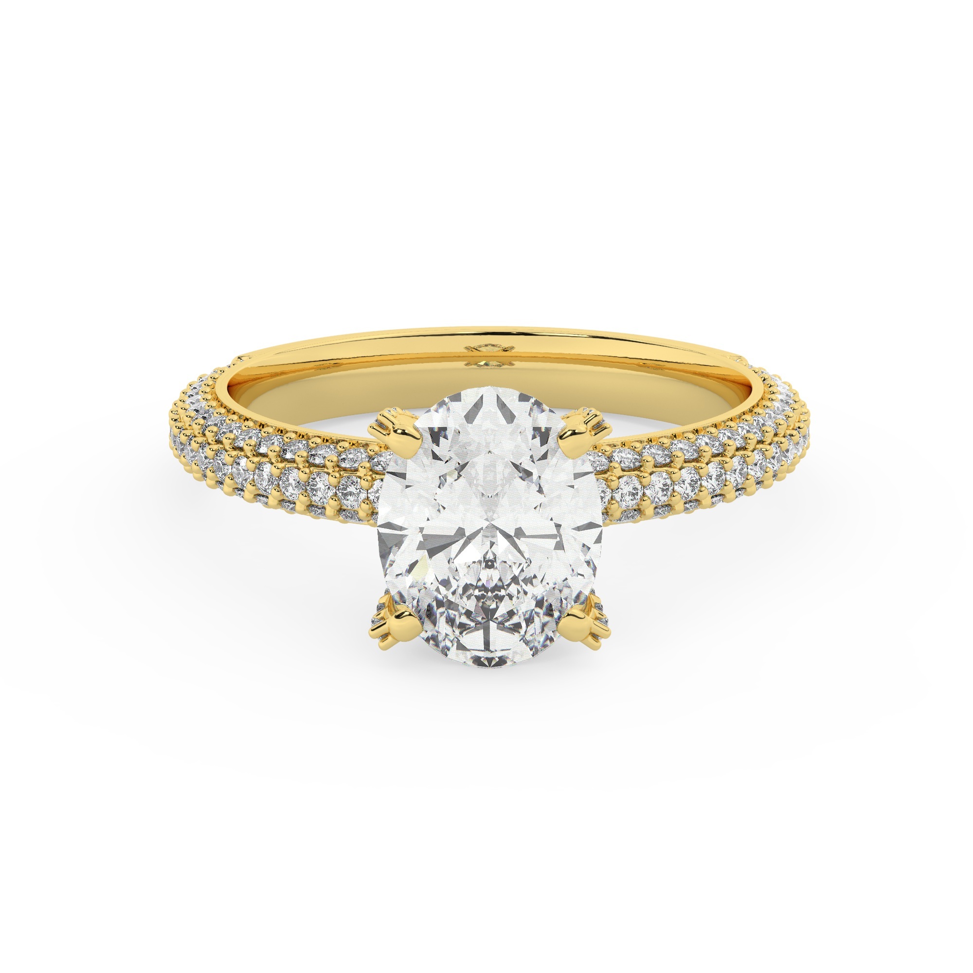 טבעת אירוסין סוליטר ויהלומים בצדדים דגם 50012 זהב צהוב 14 קראט במרכז זירקוניה 2.50 קראט בחיתוך אובל מסביב ובצדדים זירקונים בחיתוך עגול – תמונה 2